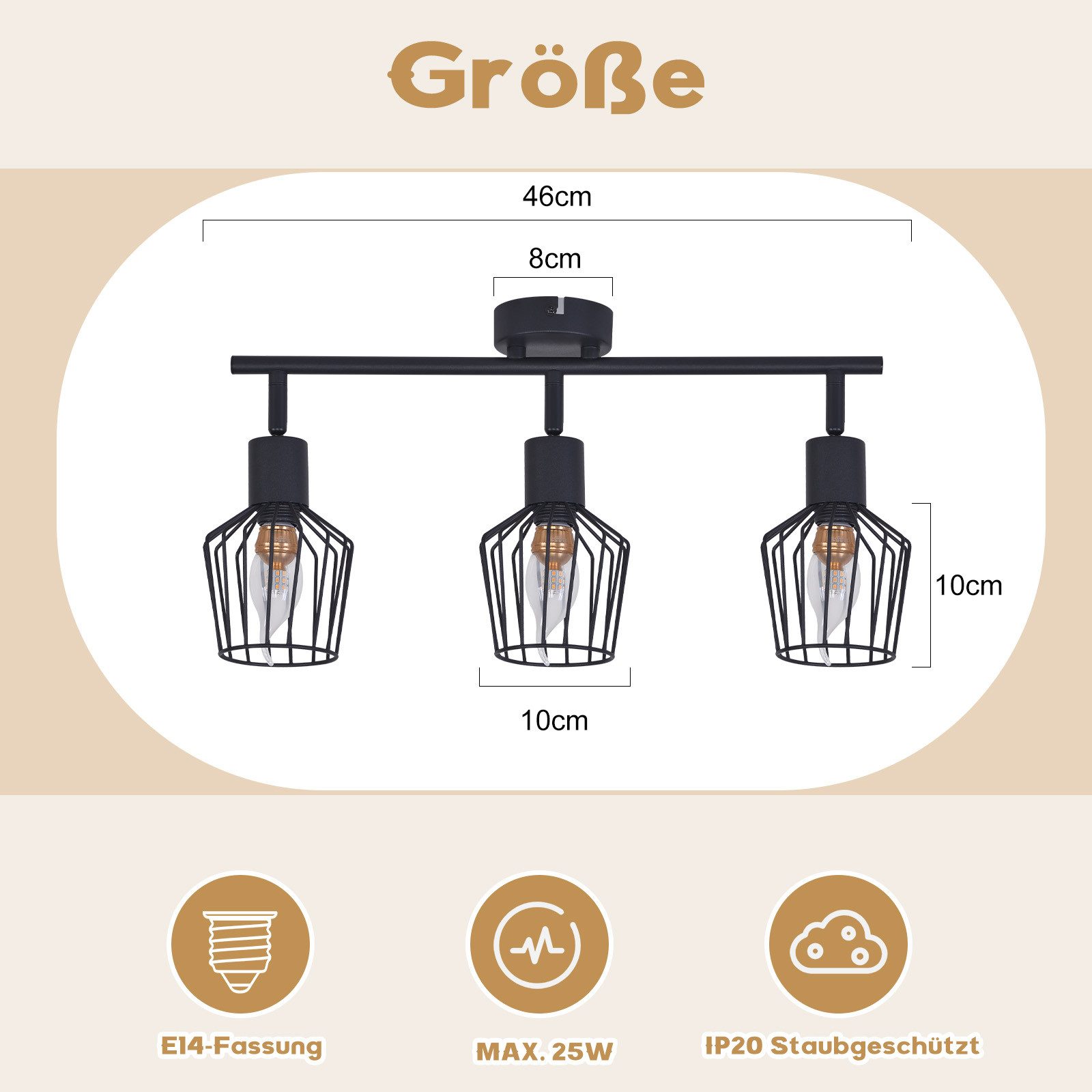 ZMH Deckenleuchte Wohnzimmer 3 Flammig Vintage E14 Deckenstrahler 90° Drehpunkt für Flur, IP20 Staubgeschützt Schwenkbar Vintage Ceiling Spot, ohne Leuchtmittel, Home Flexibilität