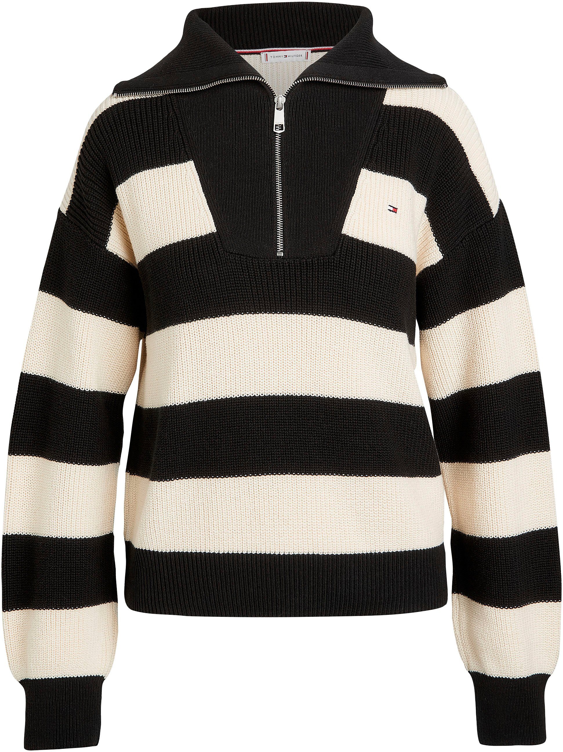 SWT Hilfiger Black/_Calico_Rugby_Stp CARDI ZIP 1/2 Tommy CO STITCH Strickpullover