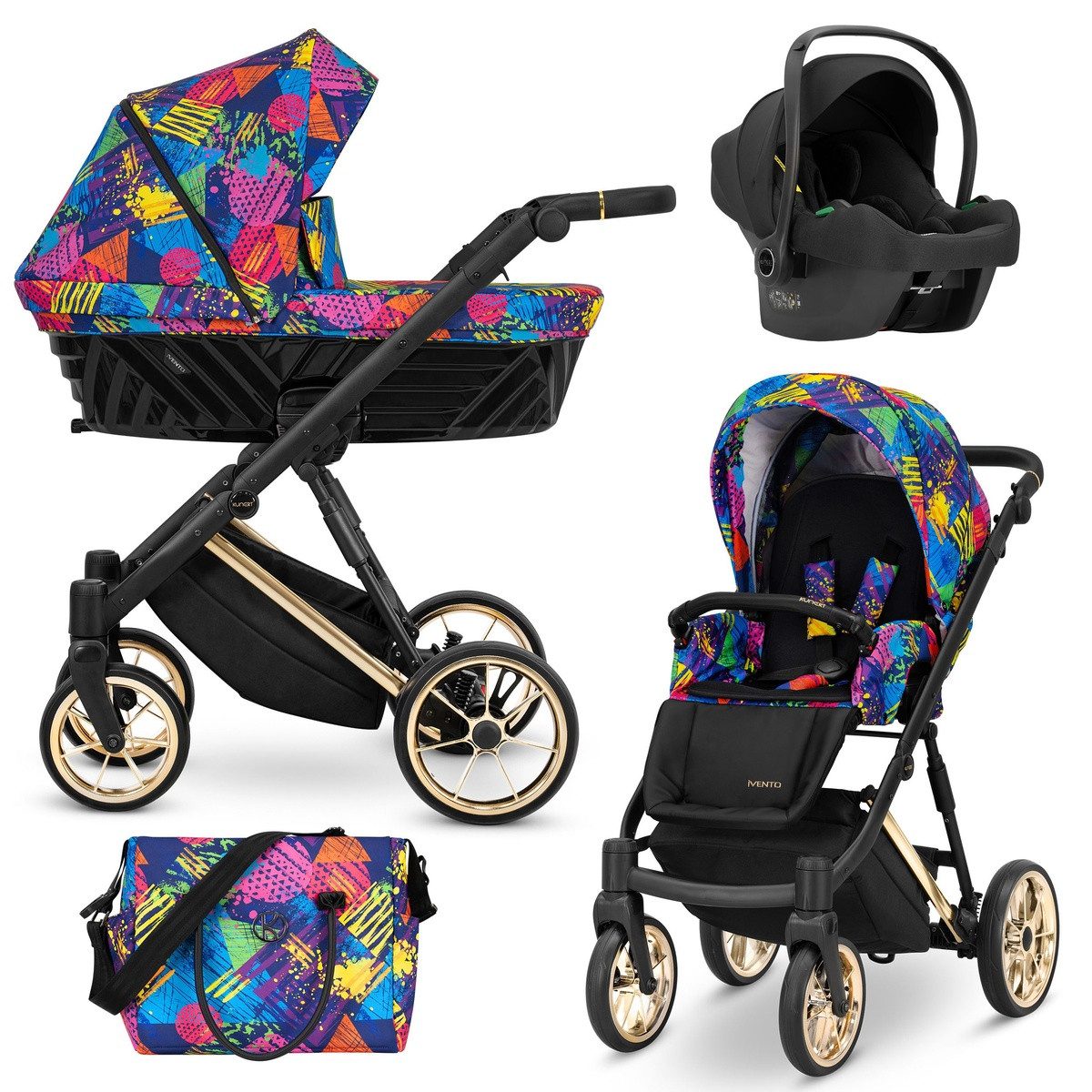 KUNERT Kombi-Kinderwagen Ivento Premium 3in1 Kinderwagen mit Goldrahmen und Zubehör, Leichtes Aluminiumgestell, große Räder für verschiedene Untergründe