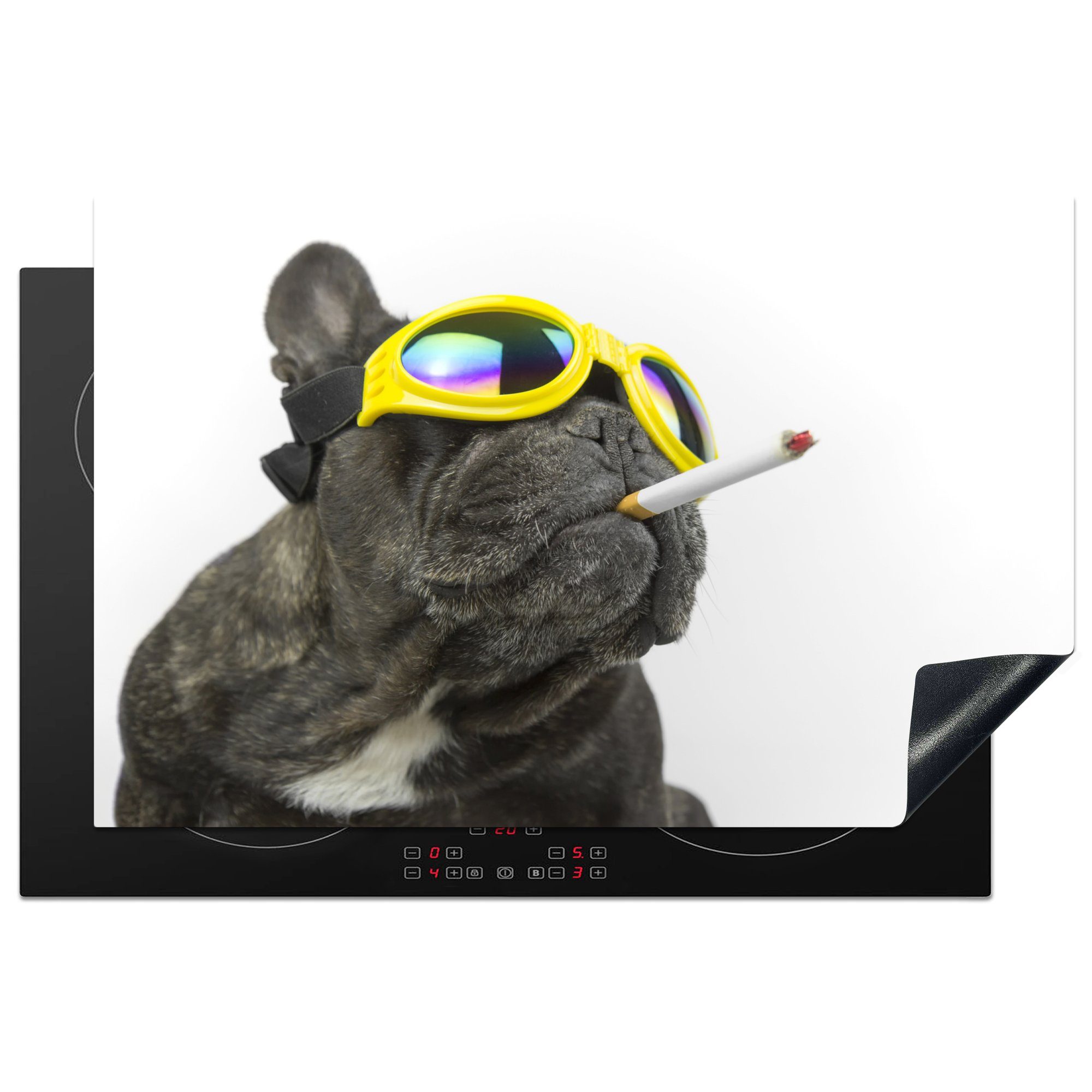 MuchoWow Herdblende-/Abdeckplatte Hund - Sonnenbrille - Zigarette - Rauchen, Vinyl, (1 tlg), 81x52 cm, Induktionskochfeld Schutz für die küche, Ceranfeldabdeckung