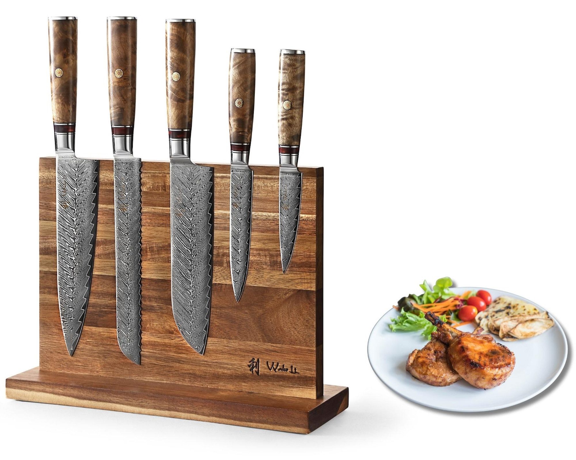 Wakoli Messer-Set Culinary Sycamore I 5 Damast Küchenmesser & magnetischer Messerblock (Damastmesser-Set mit Messerblock, 6-tlg., 5 Damastmesser, magnetischer Messerblock), Damaststahl mit VG10 Kern