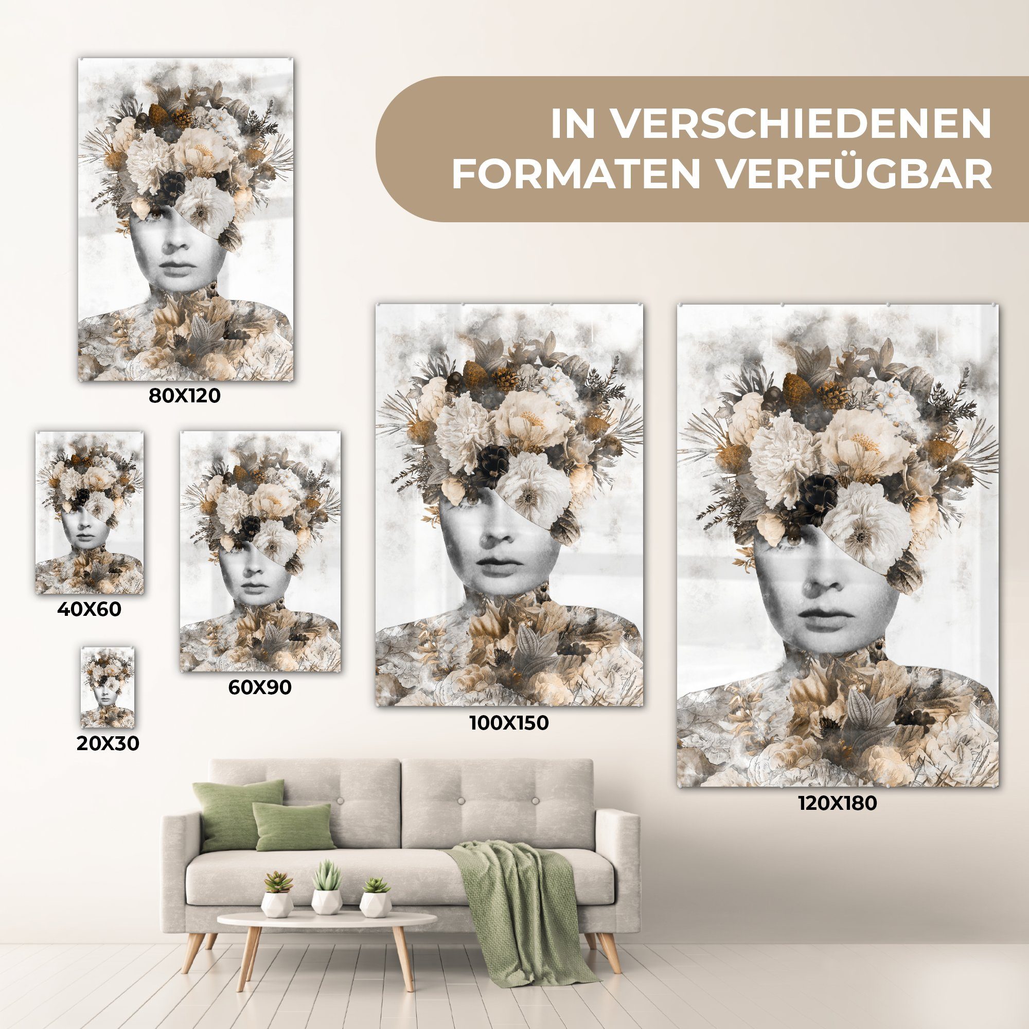 MuchoWow Acrylglasbild Glasbilder Wandbild auf - auf Schrapnell, - Glas Foto St), Glas Wanddekoration - (1 - Blumen Bilder Frauen 