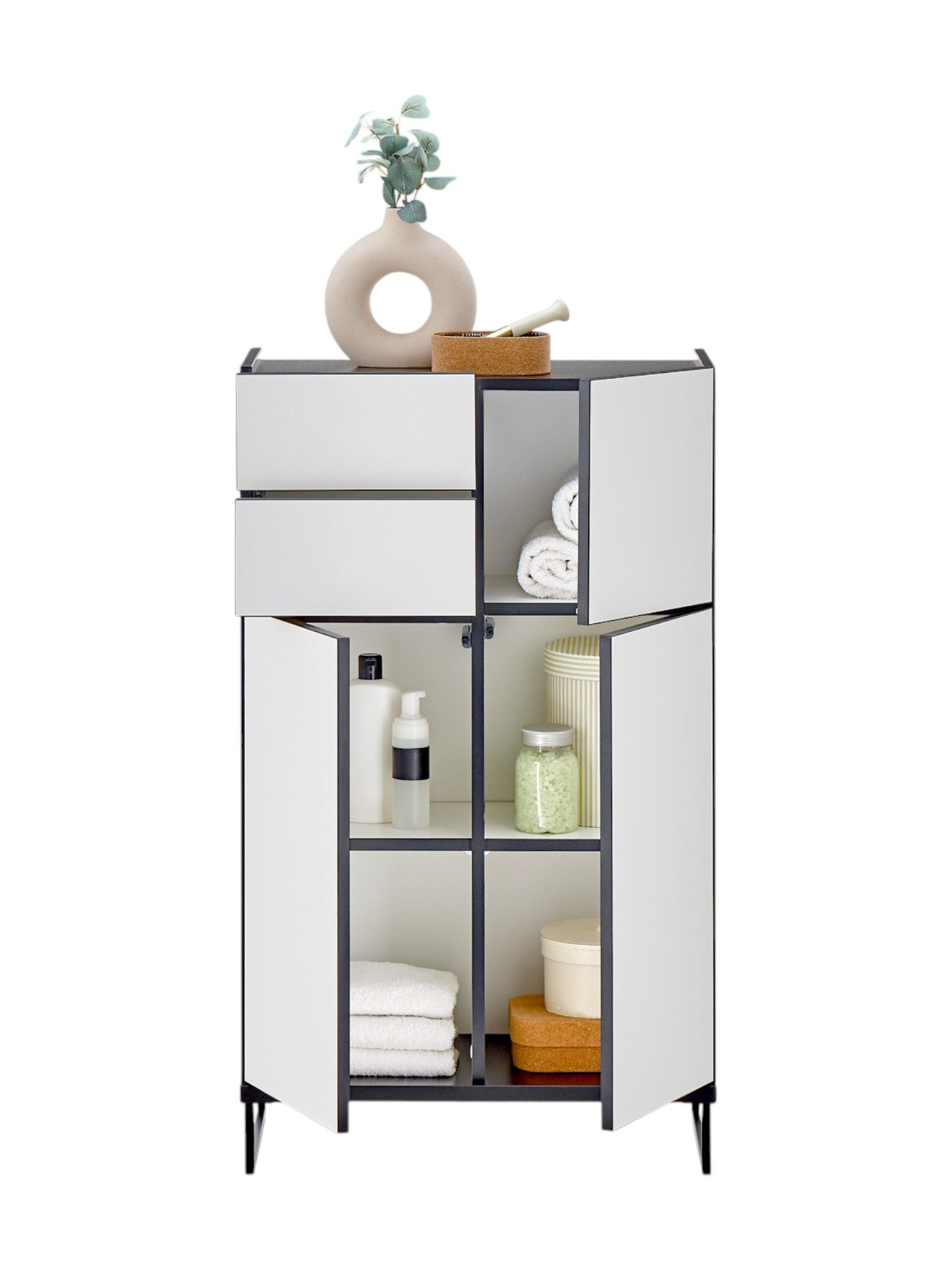 moebel-dich-auf Highboard VENEZIA (Badezimmerschrank, Midischrank), Weiß matt, Absetzung: Schwarz, Breite 60 cm