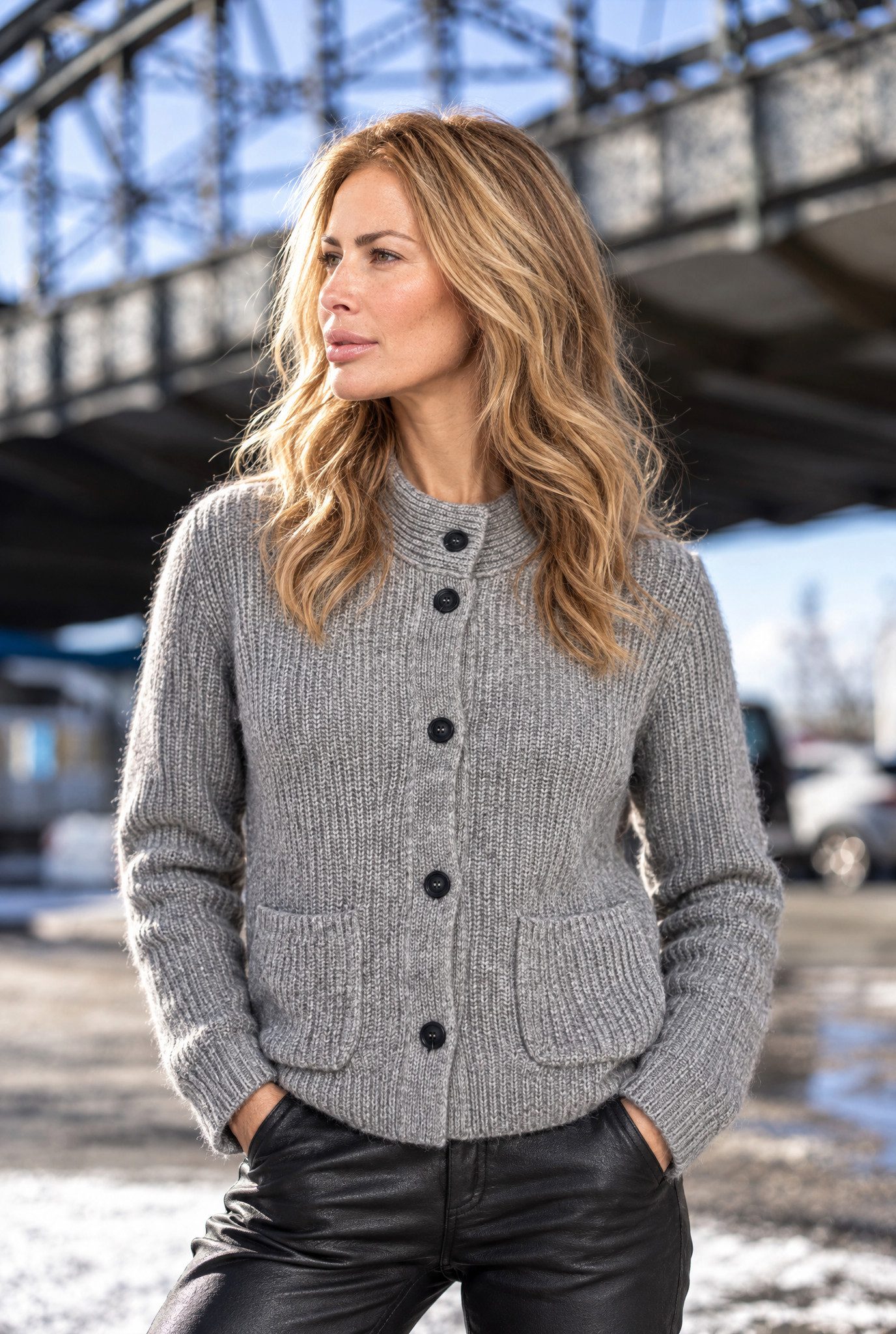 Cassis Strickjacke Damen Strickjacke Grau Stehkragen Knopfleiste Taschen Winter Herbst