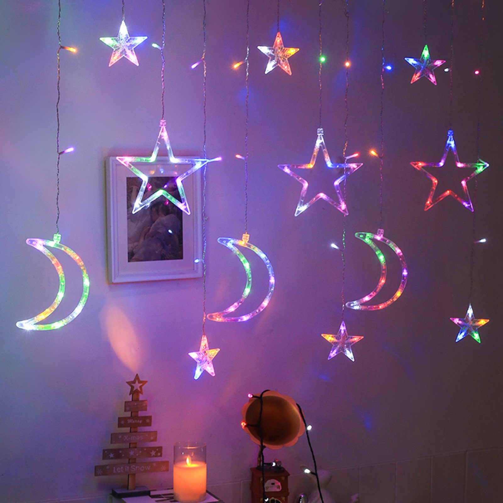 Sterne Lichternetz,8 Sunicol Islam LED-Lichterkette 3.5M B) Modi,Ramadan Nachtlicht, Lichtervorhang Eid Multicolor(
