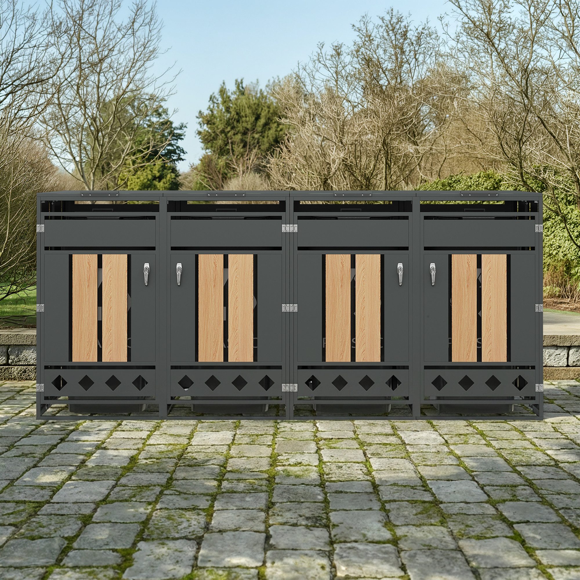 Refined Living Mülltonnenbox Mülltonnenbox für 2/4 Tonnen Stahl, Schloss, Holzoptik, wetterfest (Mülltonnenbox für 4 Tonnen, 264x80x124,5 cm, Stahl verzinkt, Holzoptik vertikal, 2 St., abschließbar, Rautenbelüftung, Pflanzfläche, große Kapazität), Mülltrennung System, Garten Wohnanlage Gewerbe, wetterfest