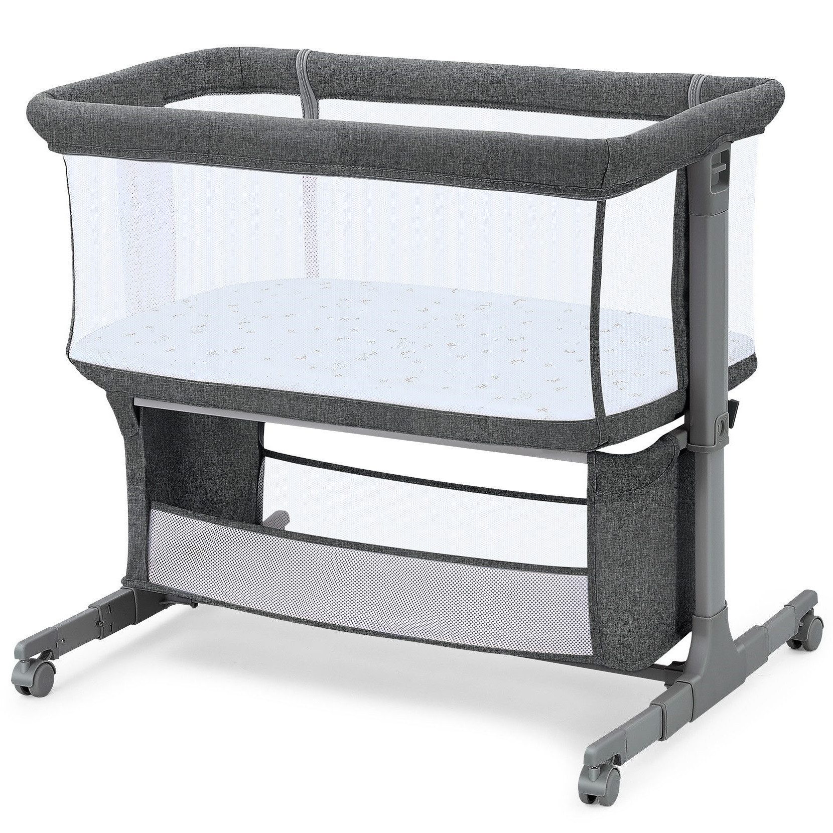 Beistellbett für Neugeborene mit Rädern, Aufbewahrungskorb, Matratze