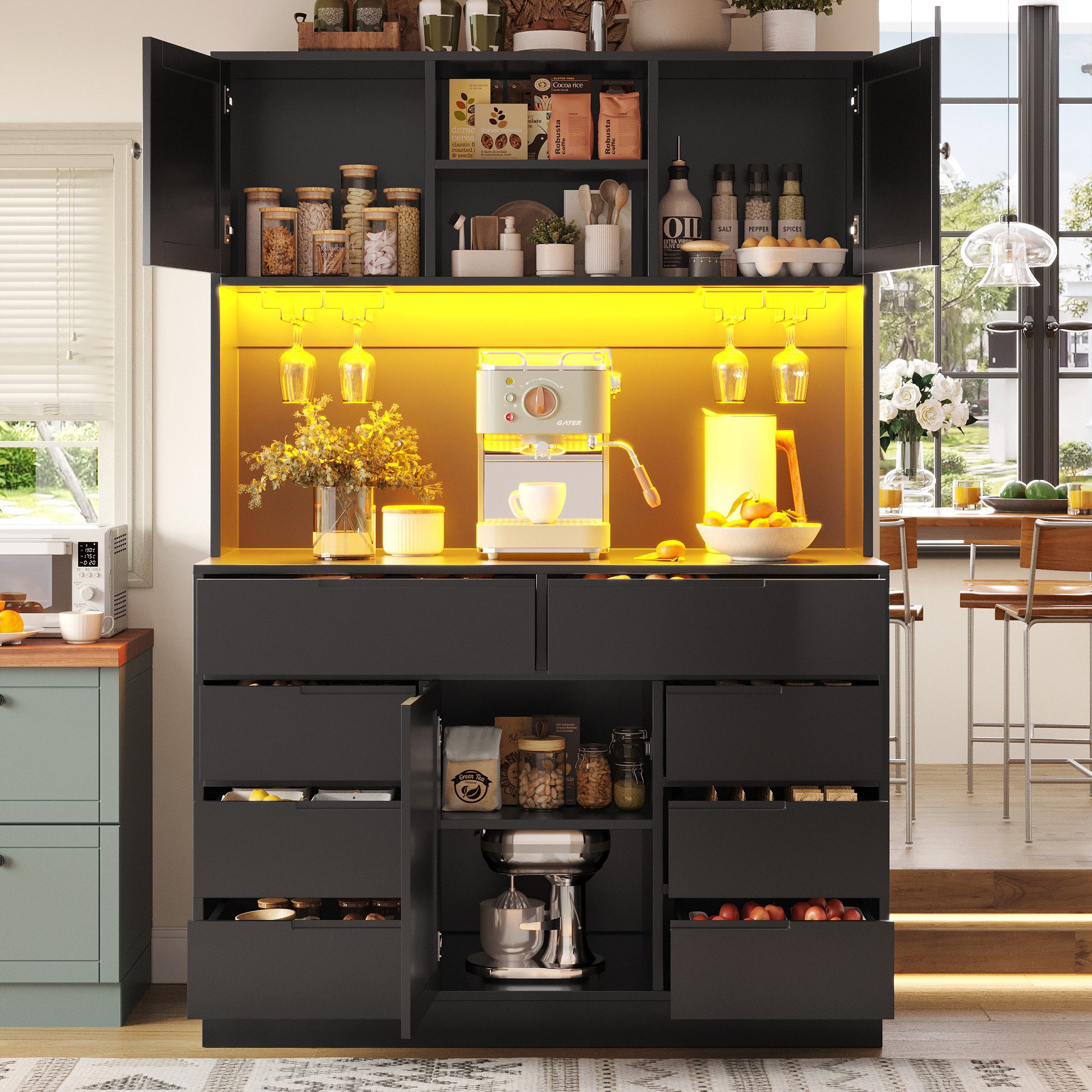 Flieks Küchenbuffet mit LED-Beleuchtung, Gläserhalter, 8 Schubladen und 3 Türen (1-St., B120/T40/H183,5 cm) Hochschrank Küchenschrank Geschirrschrank mit verstellbaren Ablagen