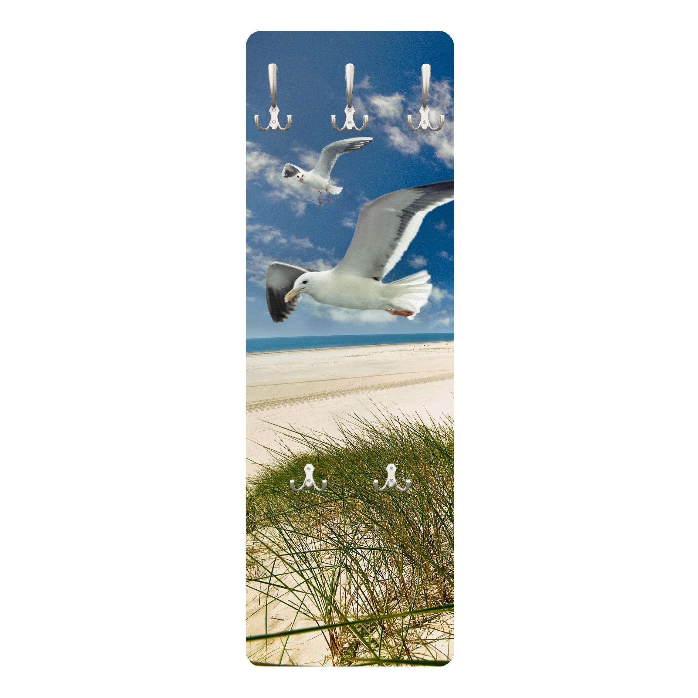 Bilderdepot24 Garderobenpaneel blau Natur Strand Meer Tiere Dune Breeze Möwe Design (ausgefallenes Flur Wandpaneel mit Garderobenhaken Kleiderhaken hängend), moderne Wandgarderobe - Flurgarderobe im schmalen Hakenpaneel Design