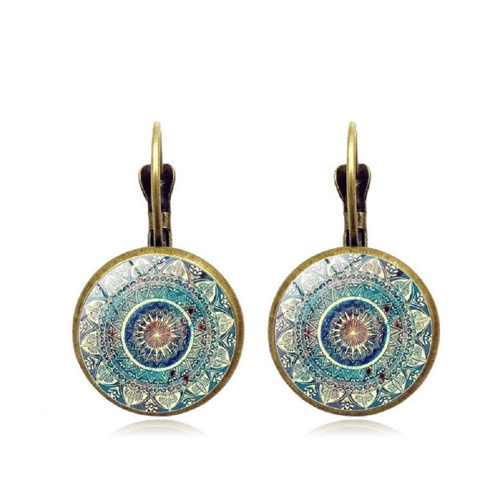 RAIKOU Ohrring und Ketten Set Mandala rund, Boho Vintage Ohrringe/ Kette mit Mandala Muster, Glas Cabochon Ohrhänger 2,8 cm