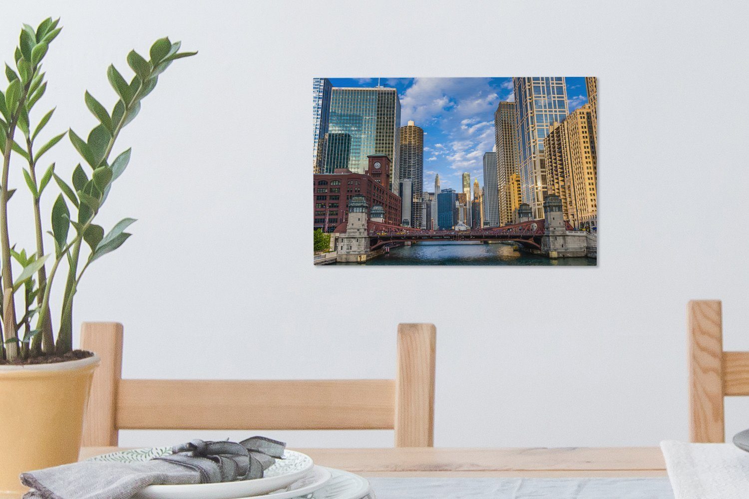 - Wandbild 30x20 (1 Leinwandbild OneMillionCanvasses® Chicago - Leinwandbilder, Fluss Brücke, cm Aufhängefertig, Wanddeko, St),