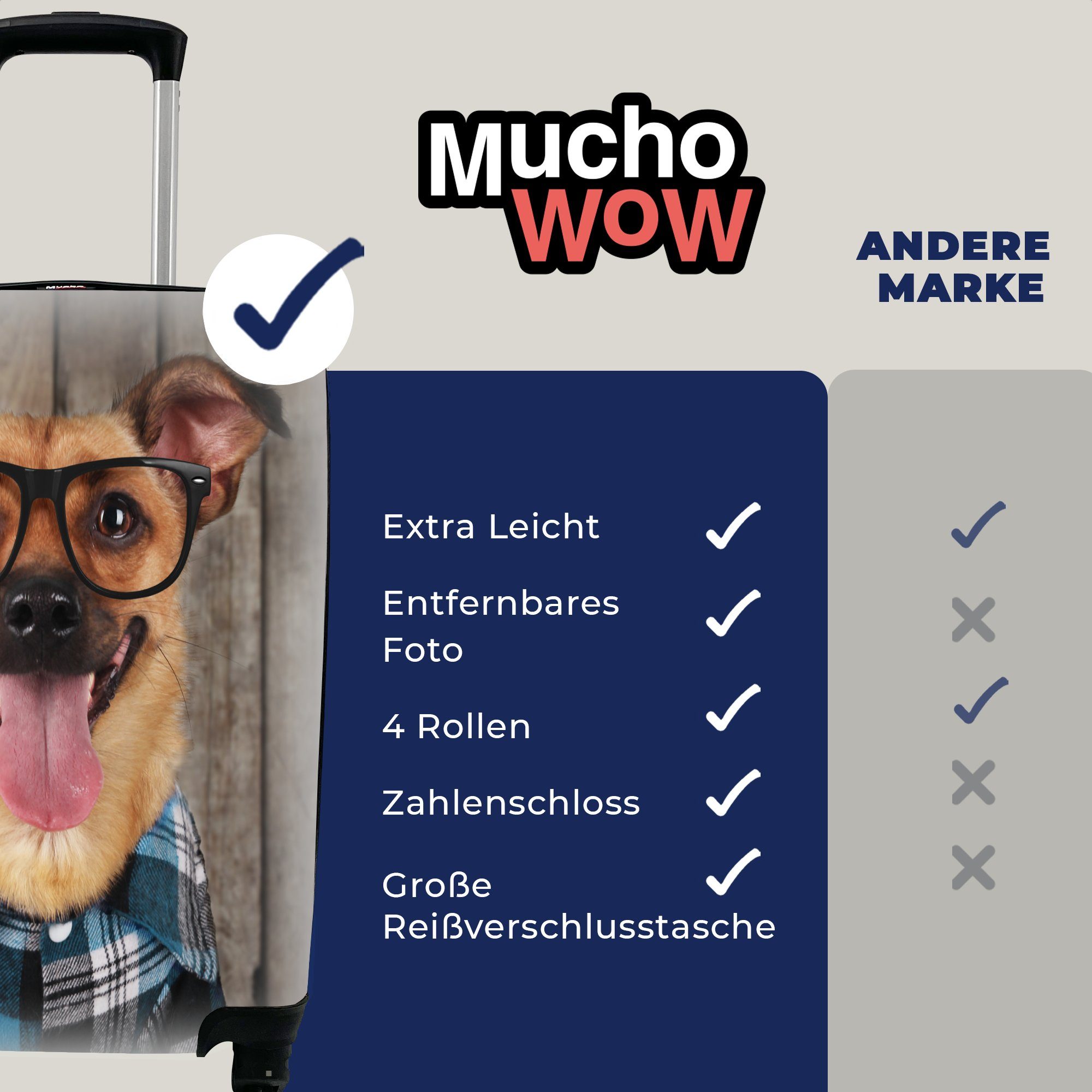 4 - rollen, MuchoWow Handgepäckkoffer Rollen, Trolley, Ferien, Hipster, Reisekoffer Reisetasche Hund Brille für Handgepäck Bluse - - mit