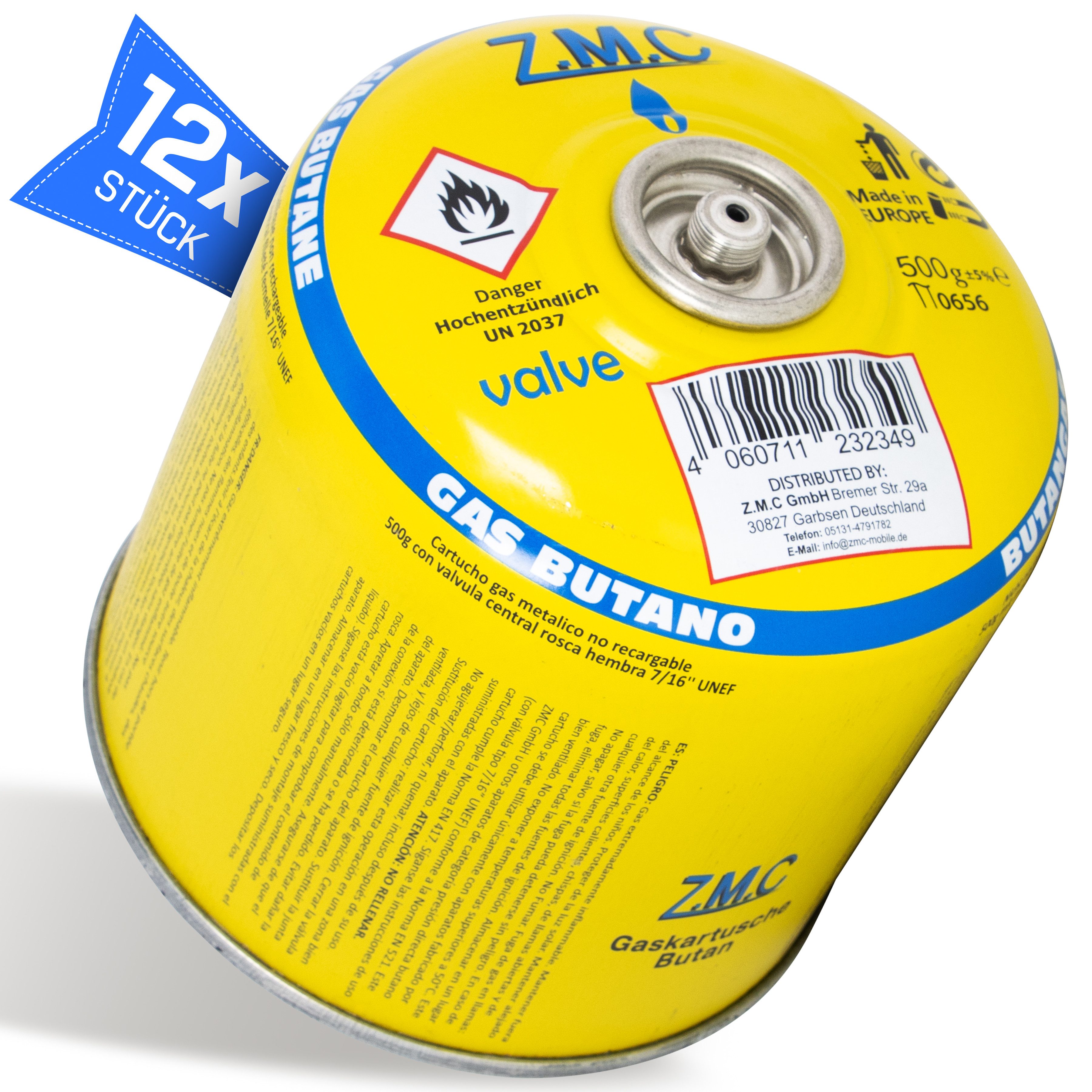 Z.M.C.GMBH Gaskartusche Z.M.C 12x Gaskartuschen 500g / 990ml, 7/16" Eurogewinde Schraubgewinde, 28x 227g Gaskartuschen MSF-1a Bunsenbrenner Campingkocher Gaskocher