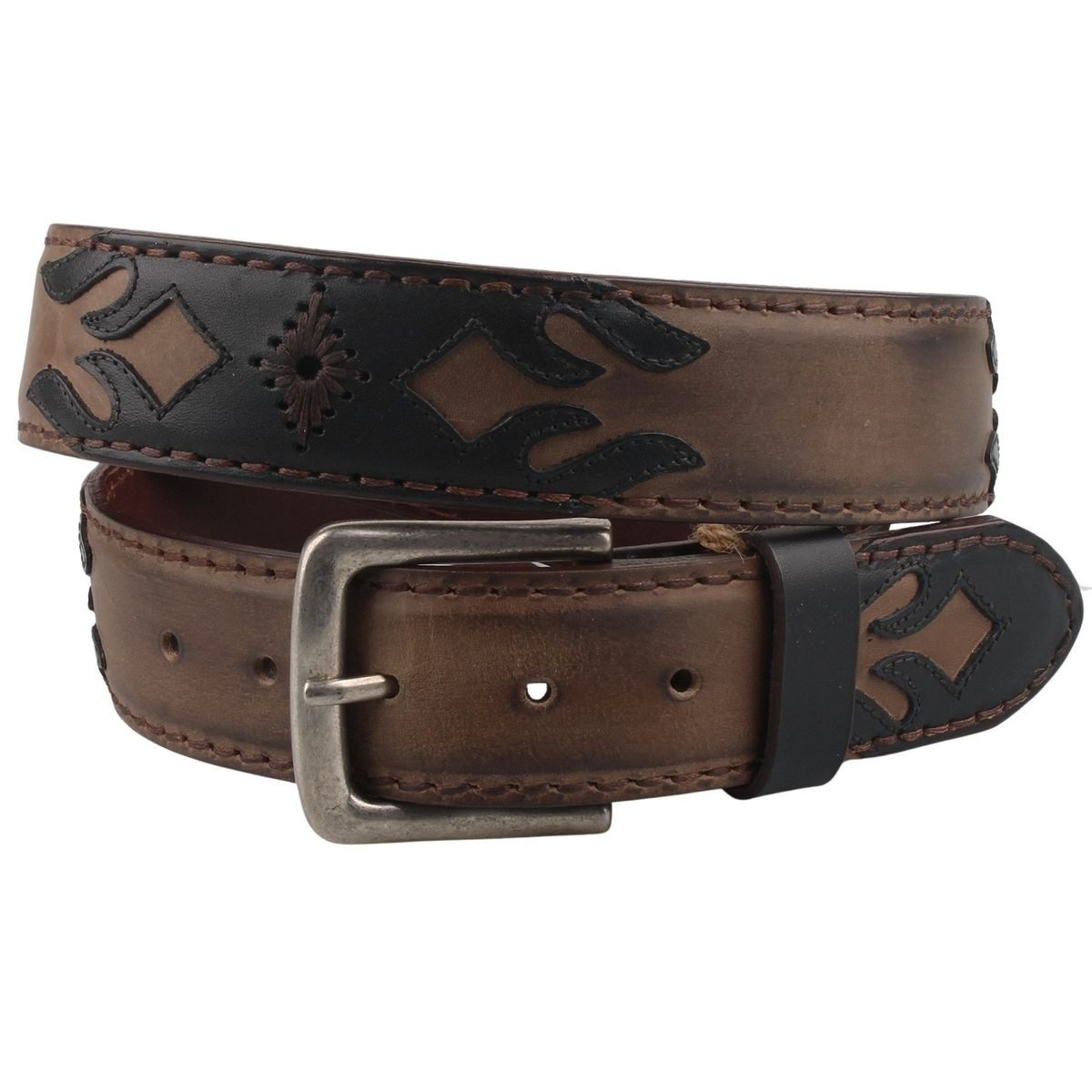 ORIGINALBELTS Ledergürtel 4065-Marron Cepillo Rindsleder Gürtel mit Flammenmuster-Overlays und Stickerei