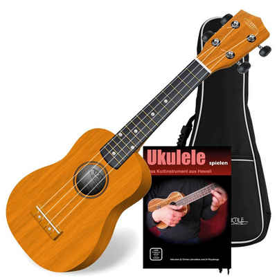 Classic Cantabile Ukulele Sopranukulele (Ukulele, Uke, 15 Bünde, leichtgängige Gitarrenmechanik), Komplett Set, Set inkl. Gigbag und Ukulelen-Schule