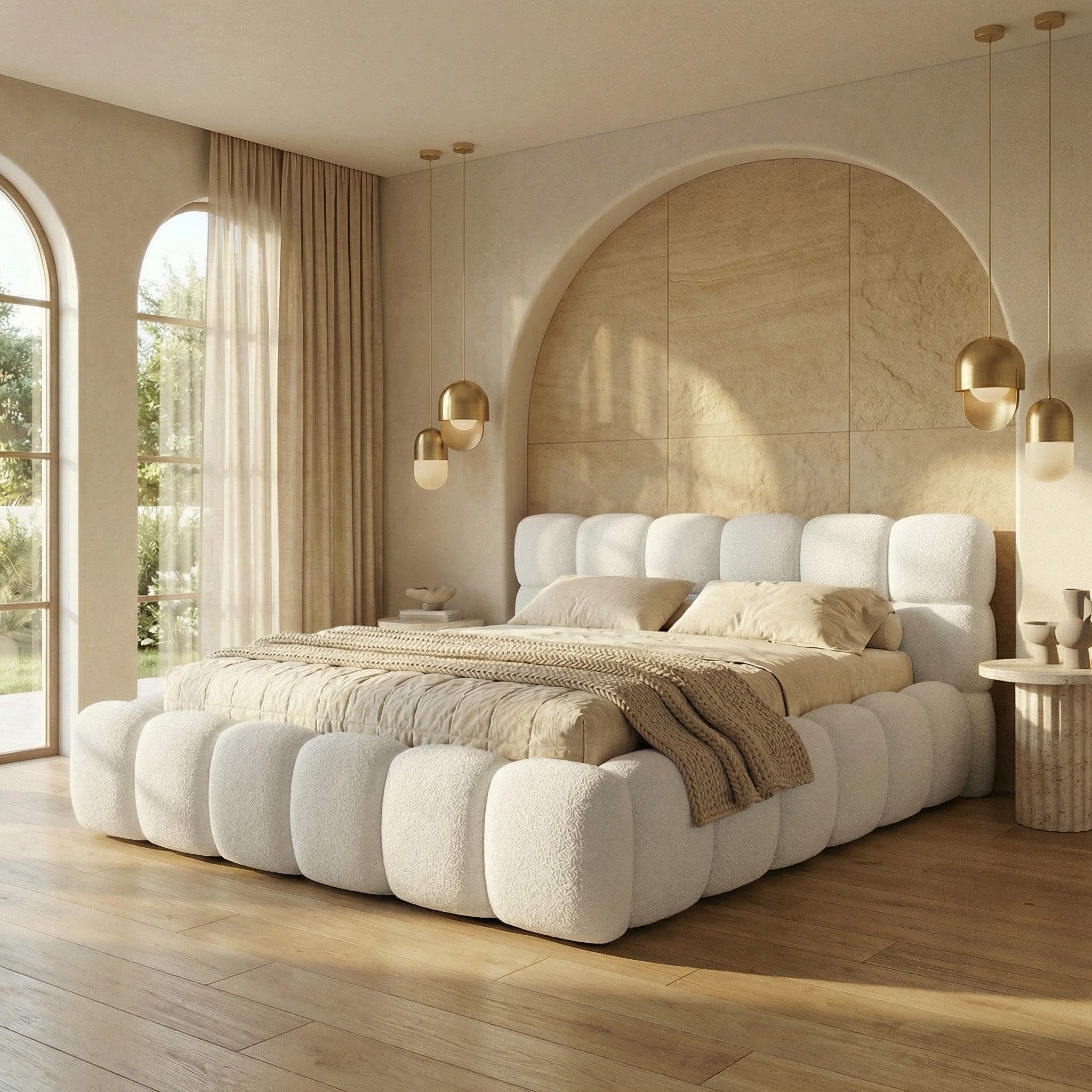 yourhouse24 Polsterbett Boston Slim Bouclé kompaktes Wolkenbett mit Bettkasten, Bubble-Optik & Japandi