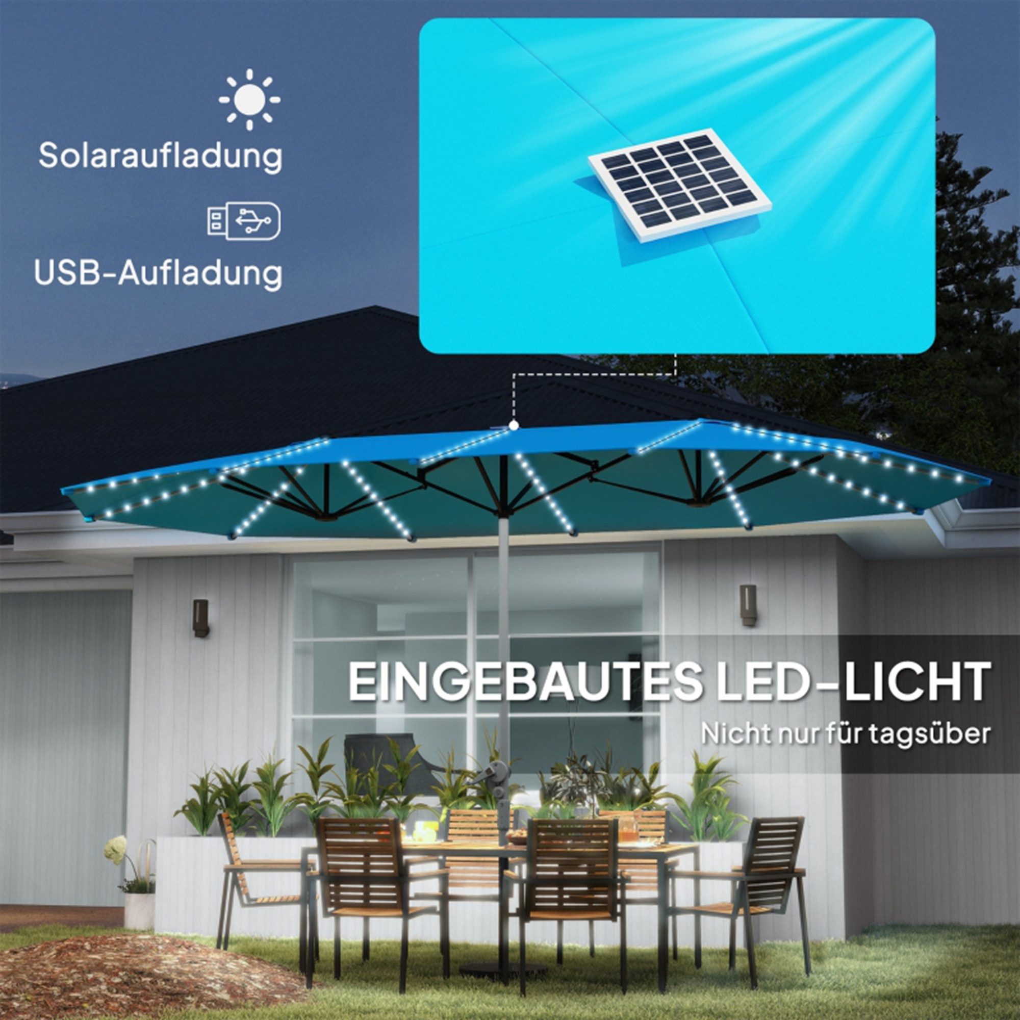 MC Star Sonnenschirm Doppelsonnenschirm mit Solar LED Lichtern 451x267 cm Aluminium UV 50+, mit Handkurbel, Balkonschirm windfest Marktschirm Sonnenschutz