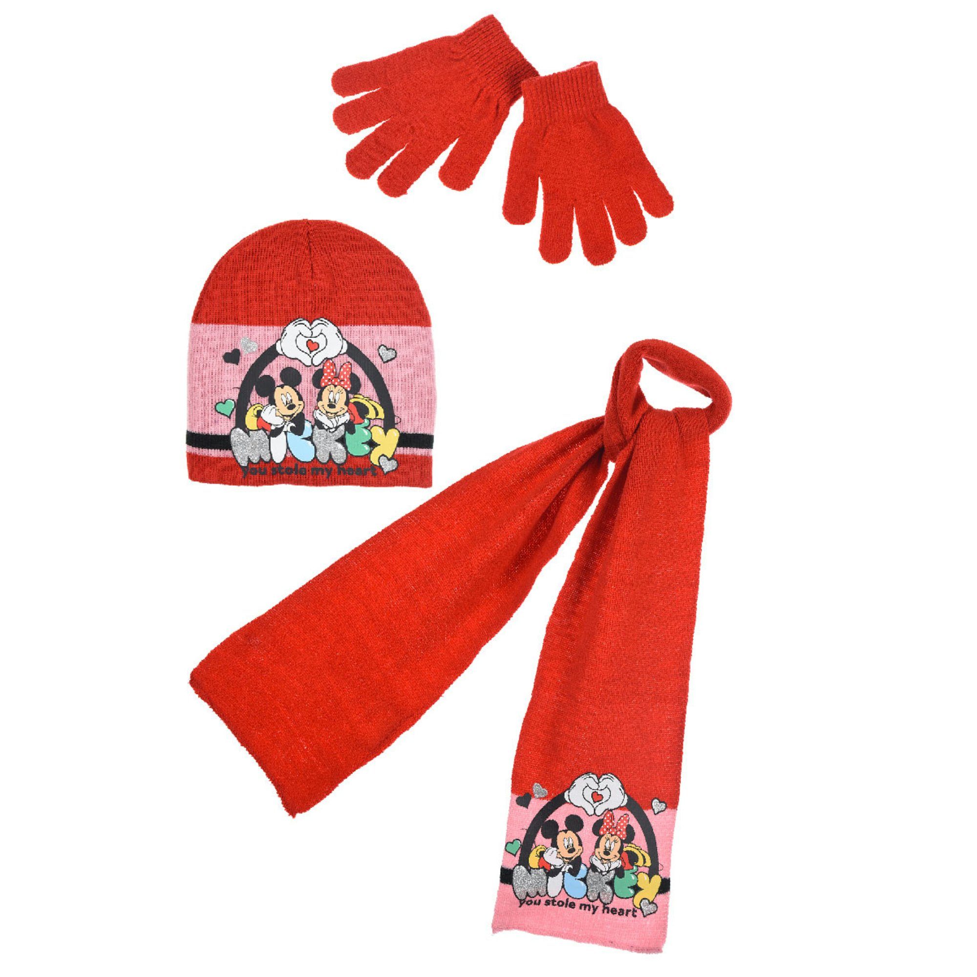 Disney Ballonmütze Disney Minnie Micky Maus 3tlg.Set Kinder Wintermütze Schal Handschuhe (3-St) Gr. 52 bis 54 Rot