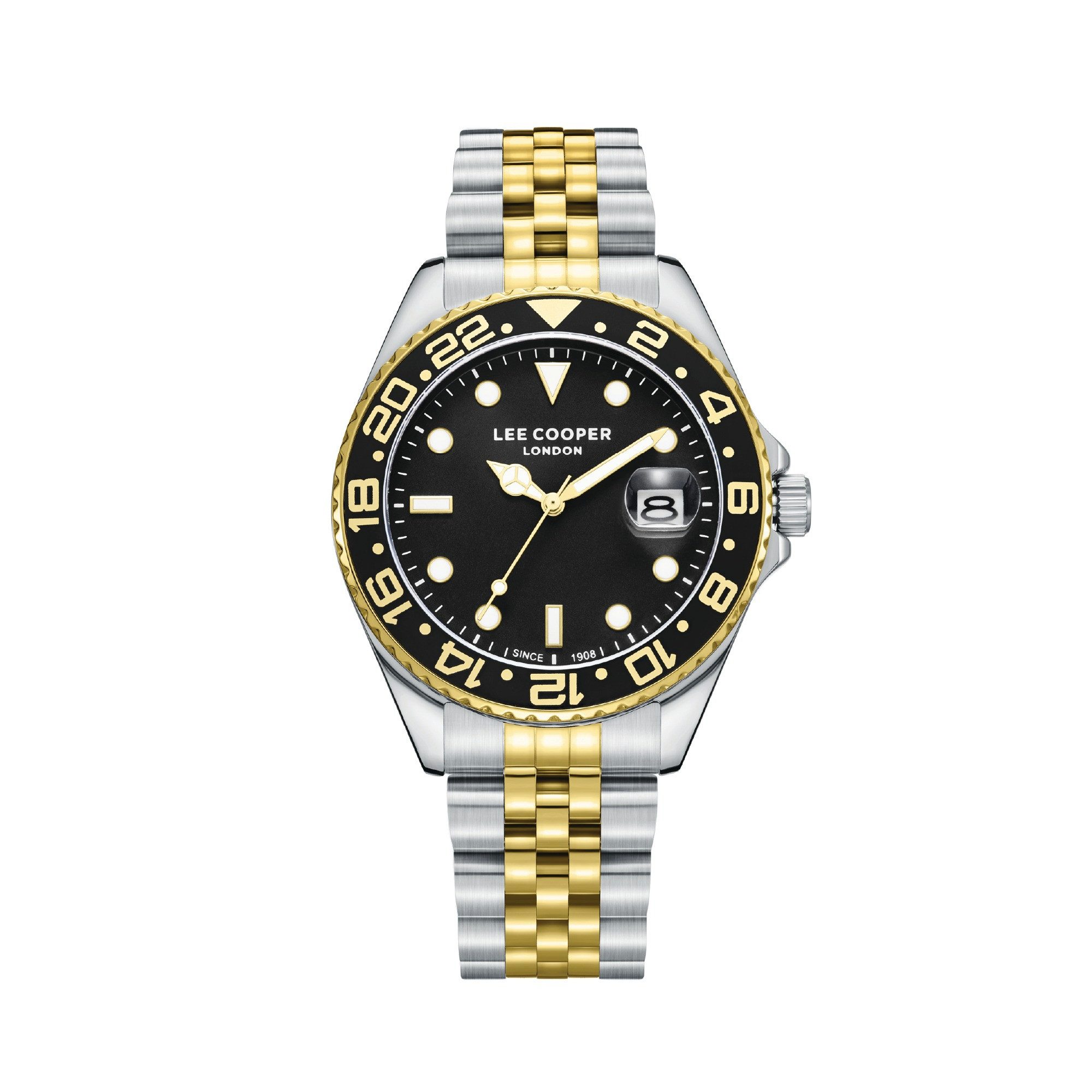 Lee Cooper Quarzuhr Herrenuhr Business mit Metallarmband, 42 mm – Geschenk für Männer schwarzes Zifferblatt, silber-gold – LC08142.250, Datum, Mineralglas, 5 ATM, inkl. Geschenkbox