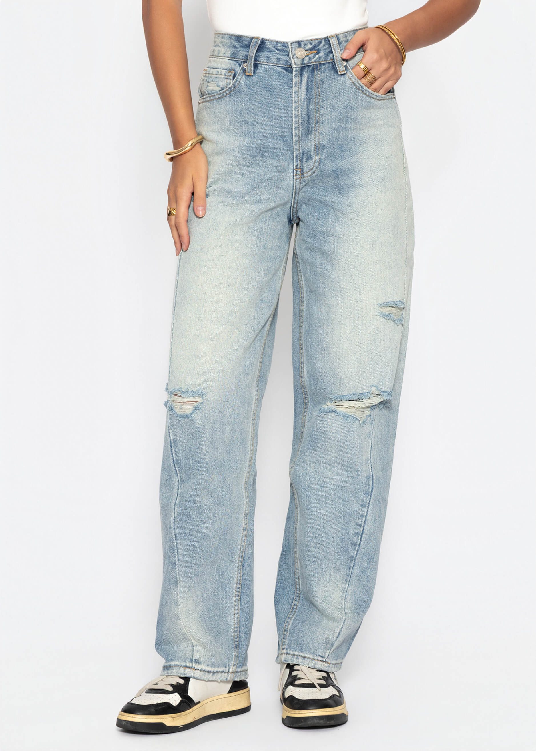 SASSYCLASSY Skinny-fit-Jeans High Waist Jeans im Destroyed-Look für Damen Moderne lockere Jeanshose mit sichtbaren Rissen in Blau
