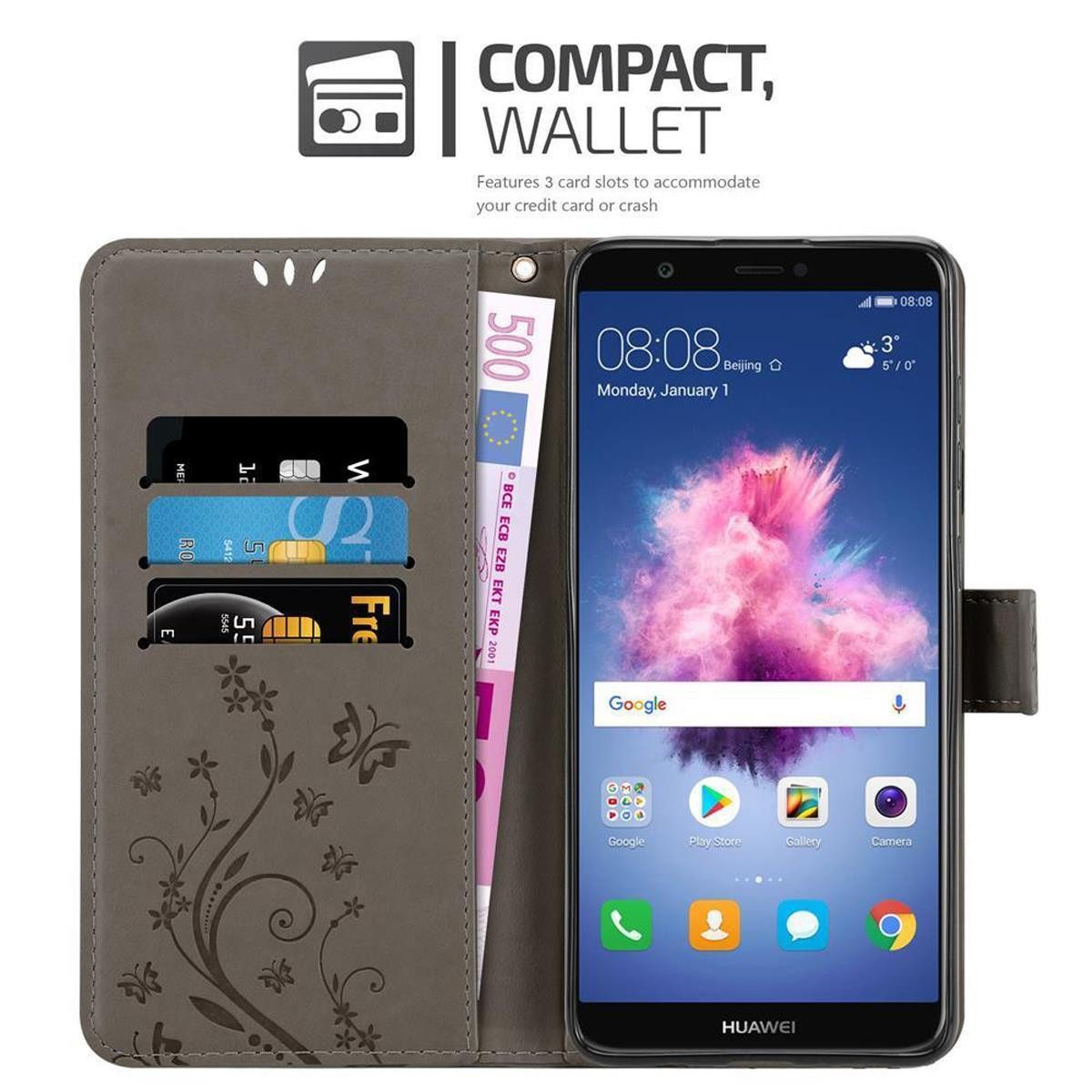 Cadorabo Handyhülle für Huawei P SMART 2018 / Enjoy 7S Hülle Huawei P SMART 2018 / Enjoy 7S, Hülle Schutzhülle Blumen Flower mit Standfunktion Kartenfach Magnet