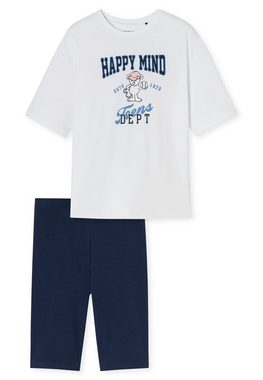 Schiesser Pyjama "Nightwear" mit lustigem Maus-Print und blauen Schriftzügen im College-Style