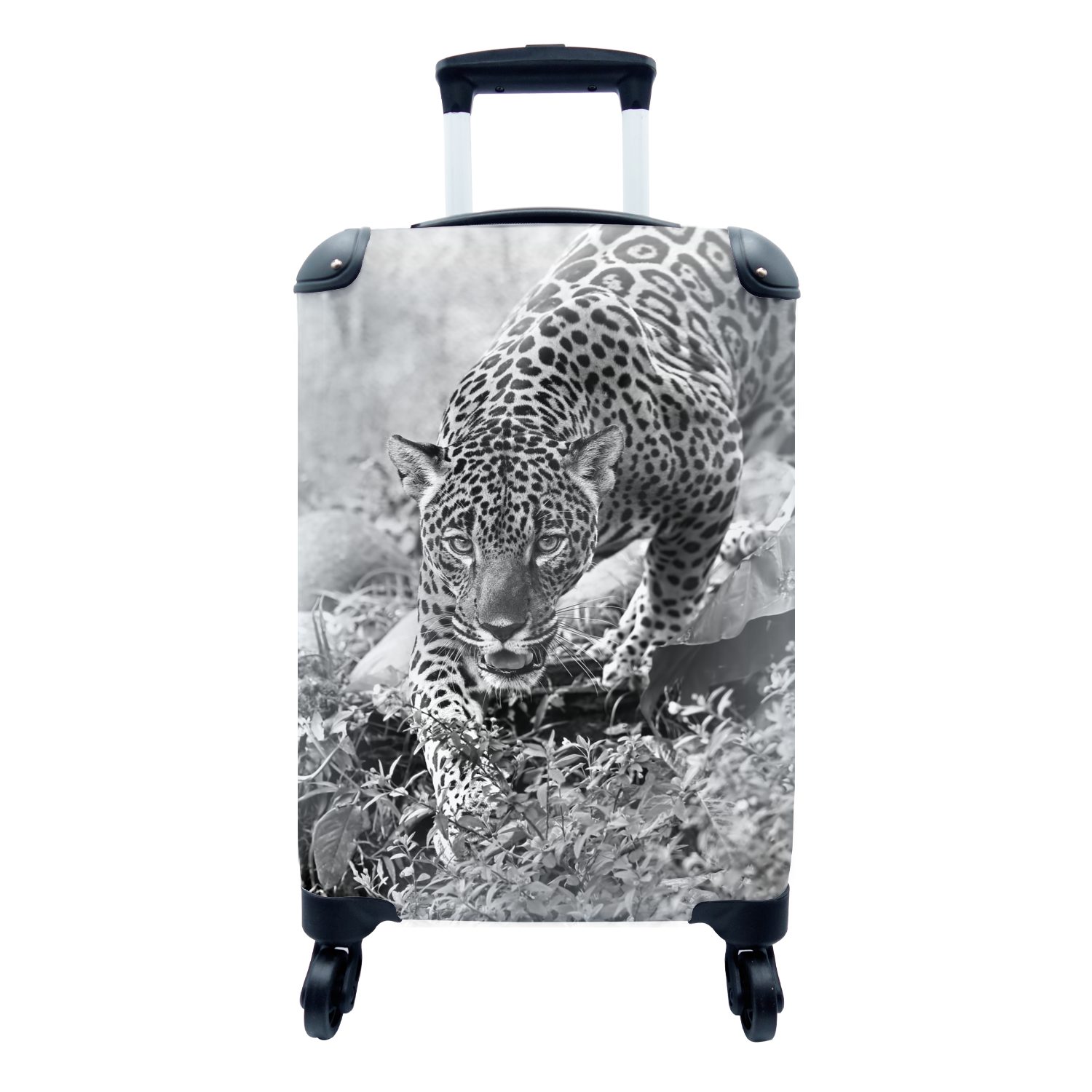 MuchoWow Handgepäckkoffer Ein Jaguar in einer überwucherten Umgebung - schwarz und weiß, 4 Rollen, Reisetasche mit rollen, Handgepäck für Ferien, Trolley, Reisekoffer