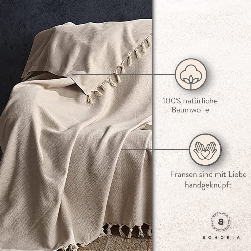 Tagesdecke BOHORIA® Tagesdecke Nomade Indoor Baumwolle, Cloud BOHORIA, x für Kann Sofa, 165 groß Bett, 220cm, werden. extra 100% Stuhl, Outdoor genutzt und