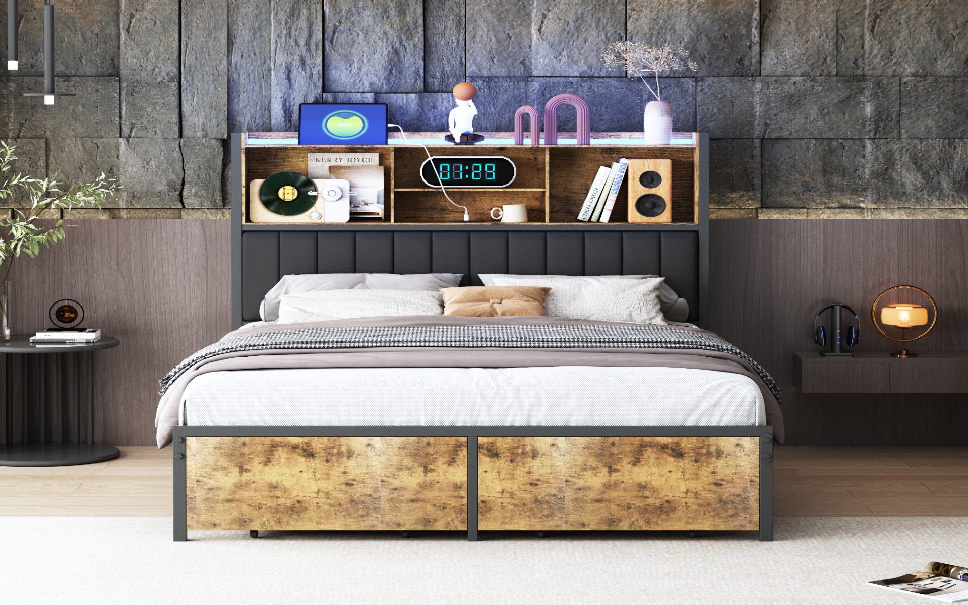 ADWOLT Stauraumbett Metallbett Polsterbett mit LED-Beleuchtung, Jugendbett 160x200cm,Doppelbett mit USB und Type-C und 2 Schubladen