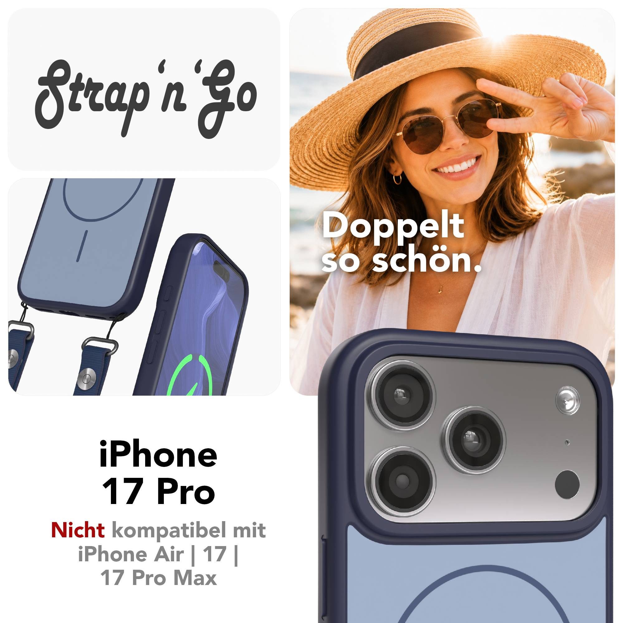 EAZY CASE Handykette Outdoor Case Thin MagSafe mit Band für Apple iPhone 17 Pro 6,3 Zoll, Hülle mit Slim MagSafe Ring und flexibler Crossbody Kette Blau