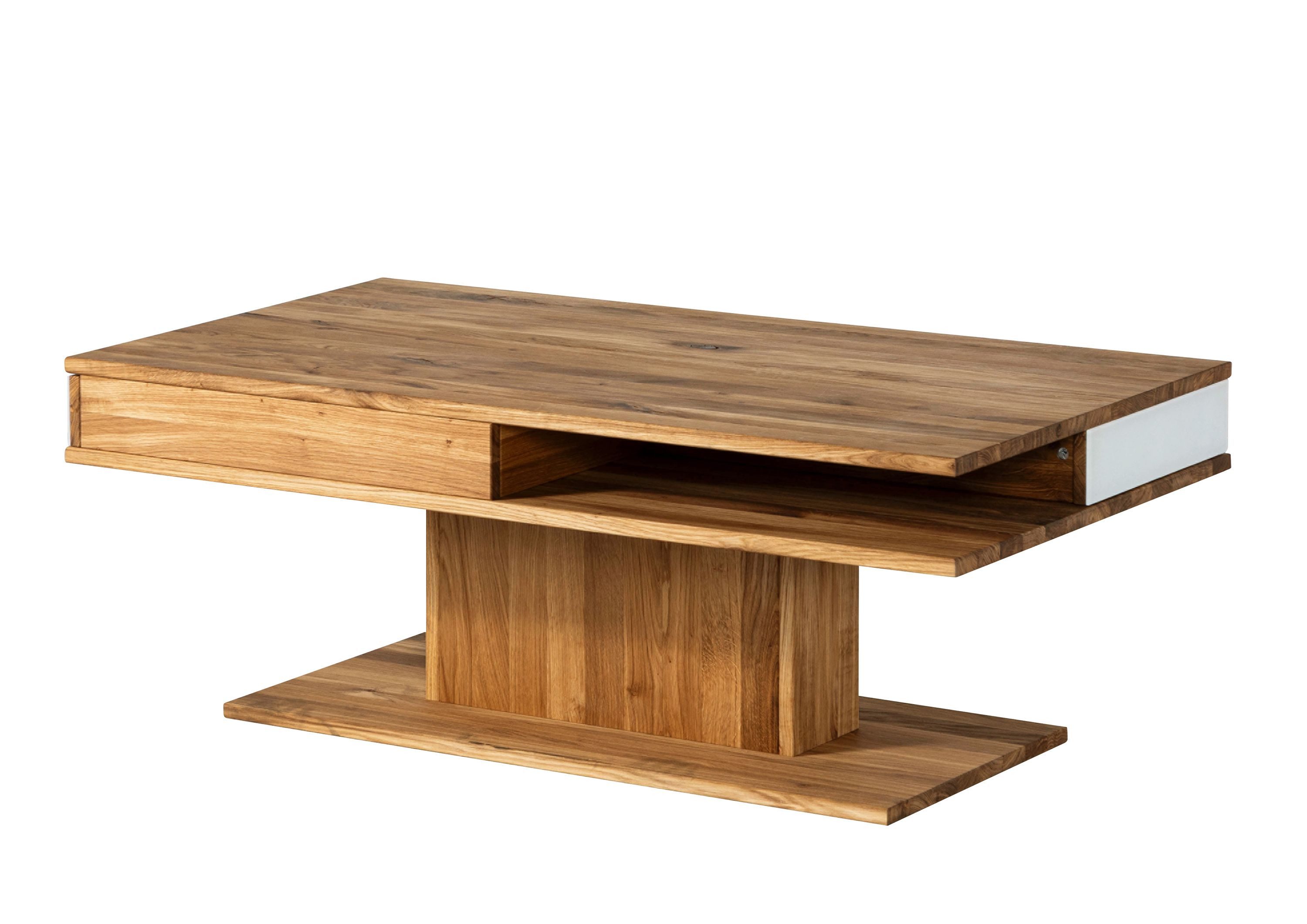 Massivmoebel24 Couchtisch WIEN (Massivholz, Massivholztisch), Wildeiche 120x70x45 natur geölt / Glas weiß WIEN #101