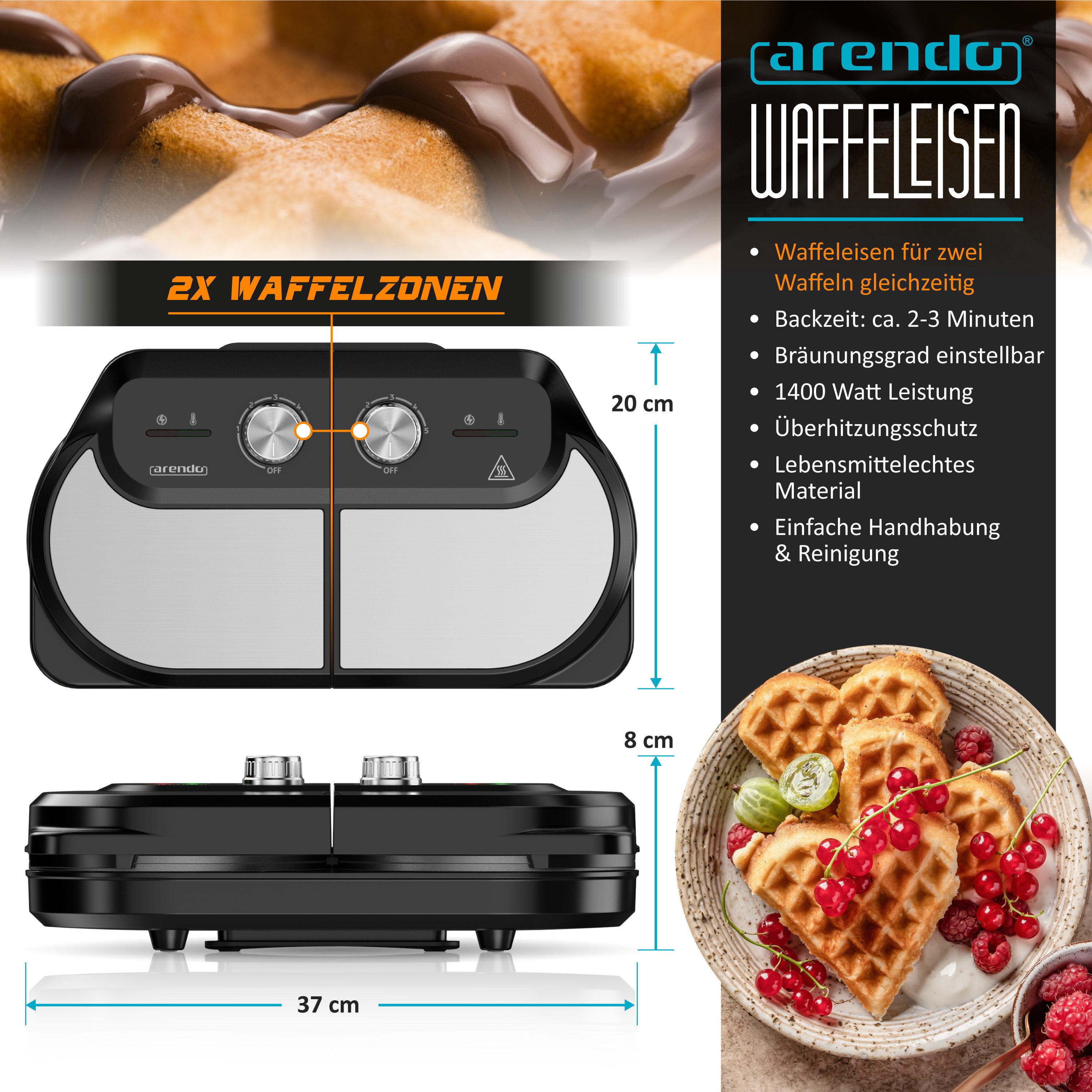 Arendo Waffeleisen Waffeleisen doppelt für 2 Herzwaffeln, 1400 W, Temperaturregler, 1400 W, 2 Zonen, Antihaftbeschichtung, Edelstahl, silber/schwarz, BPA-frei
