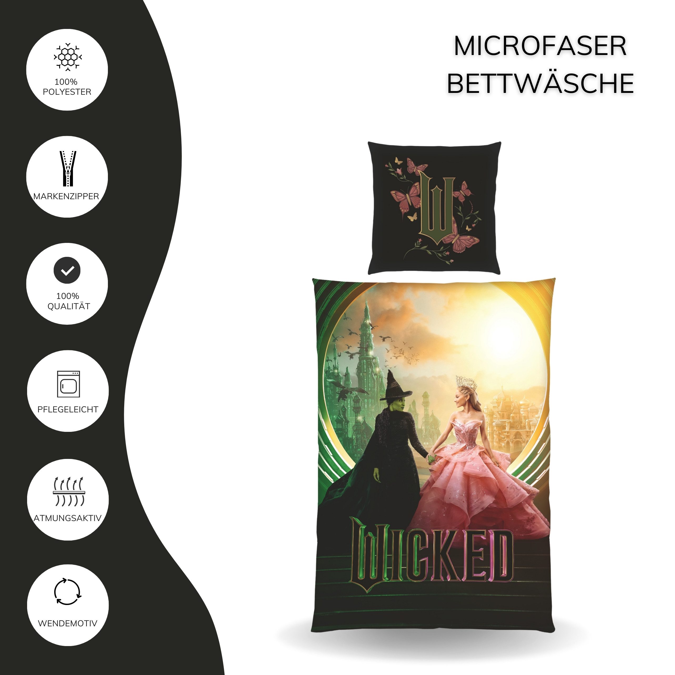 MTOnlinehandel Bettwäsche 135x200 Wicked, Mikrofaser, 2 teilig, zauberhafte Wendebettwäsche mit Glinda und Elphaba
