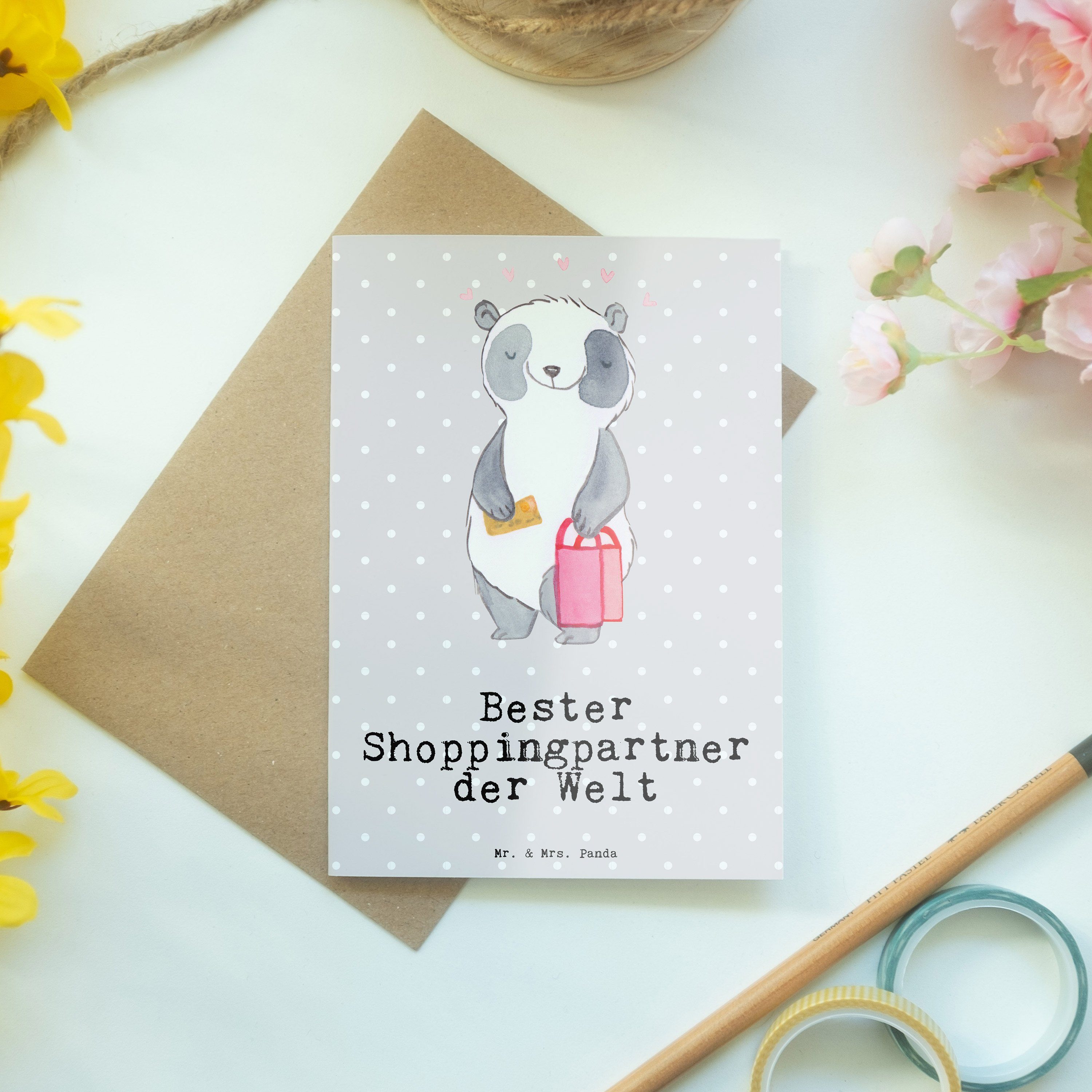 Shoppingpartner Grußkarte - der Geschenk, Gesc Grau Panda Mr. Welt & - Pastell Panda Mrs. Bester