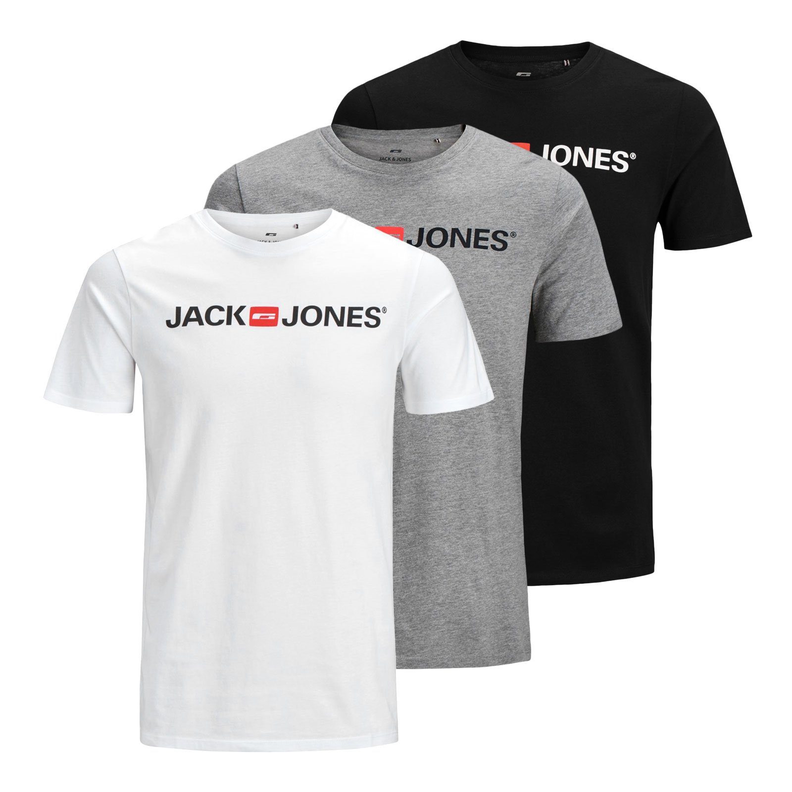 Jack & Jones T-Shirt 3er Pack Logo Tee Crew Neck mit Markenschriftzug 12137126 - black / white / light grey mel. | T-Shirts