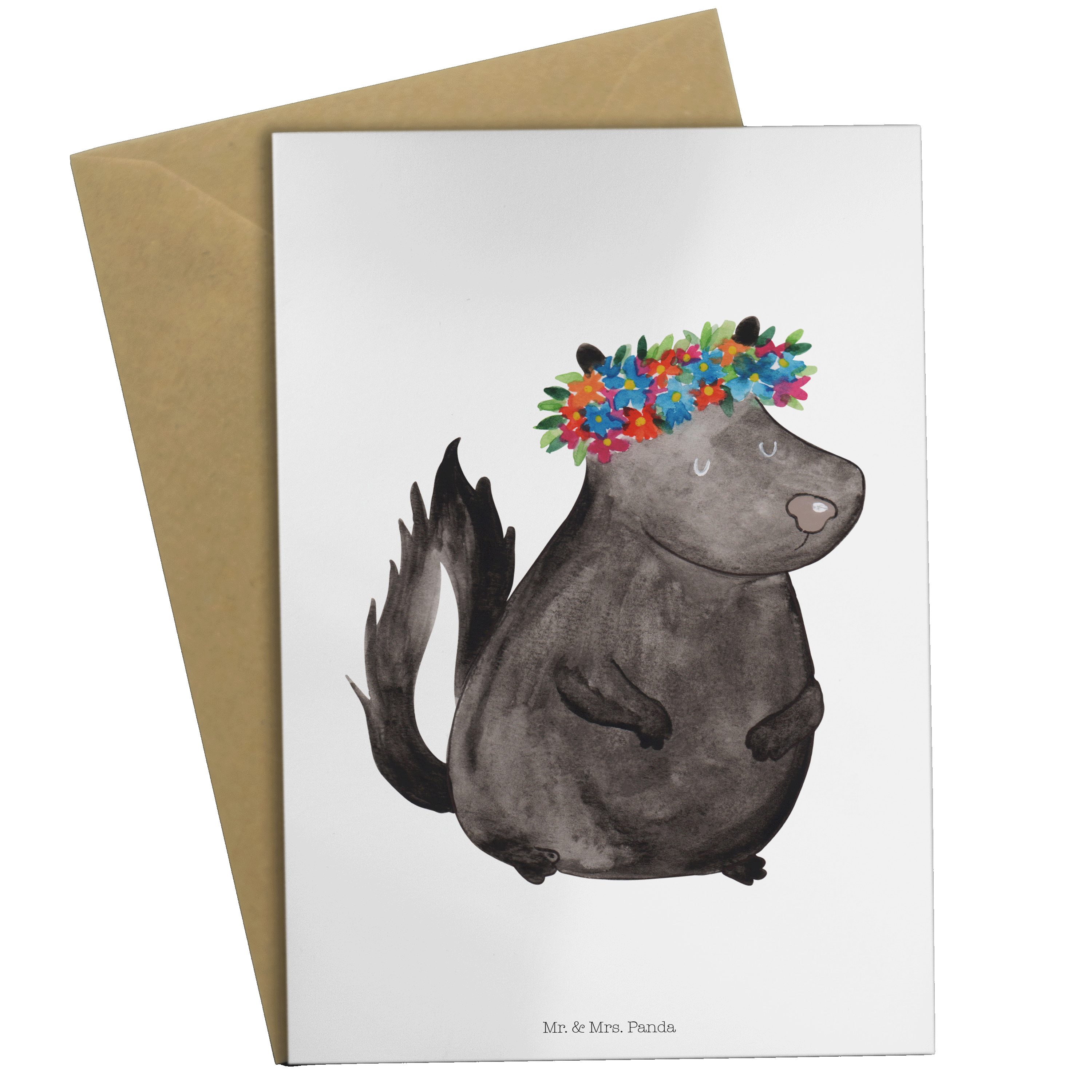 Panda Mrs. Grußkarte & - Weiß Blumenmaedchen Einladungskarte Geschenk, Namaste, Stinktier - Mr.