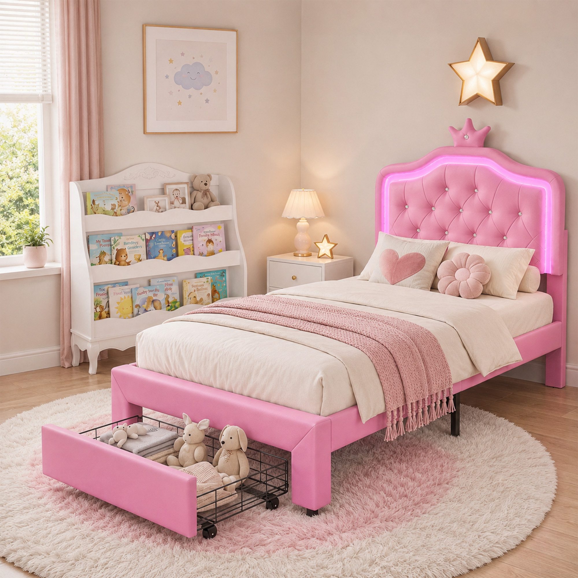 Simurq Prinzessinbett Prinzessinnenbett 90x200, Kinder-Polsterbett, Einzelbett (Bett mit höhenverstellbarem Kopfteil, Kinderbett Rosa oder Weiß), Mädchenbett mit Kronen-Kopfteil, Schublade, LED-System und Lattenrost