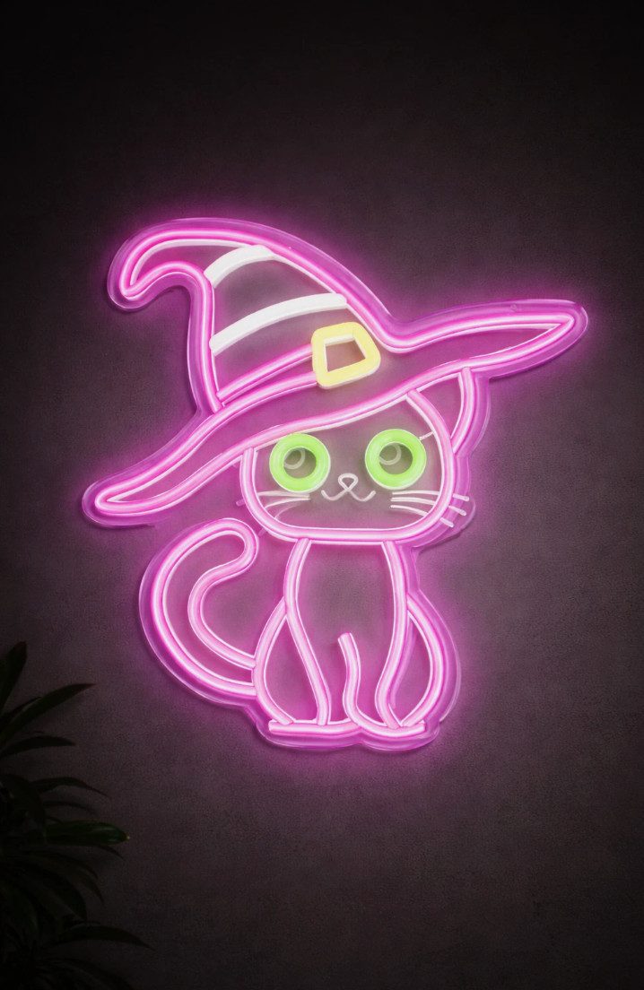 TSE LED Nachtlicht Katze mit Hexenhut Neon Licht 30x30 cm Halloween Wanddeko LED