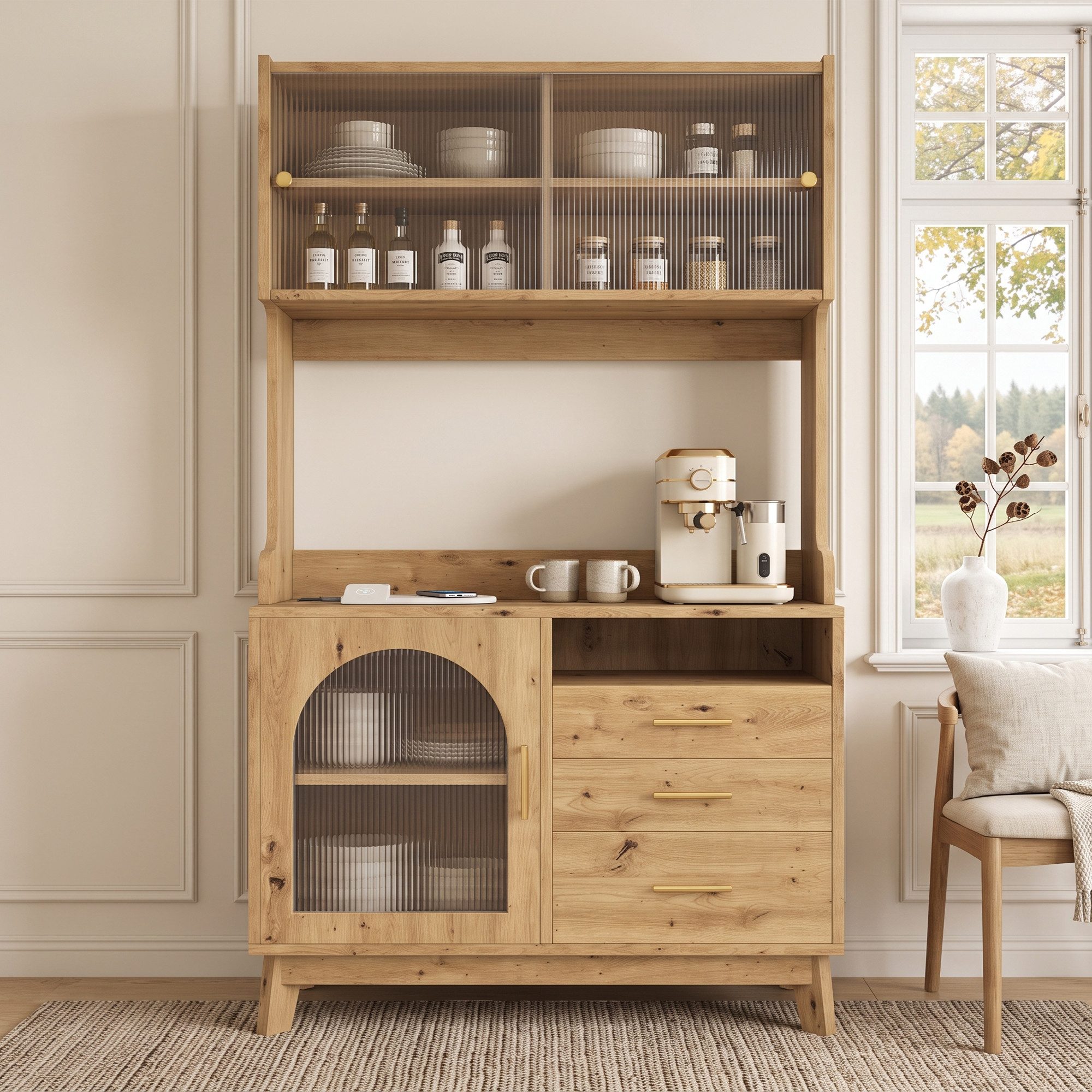 Celya Hochschrank Esszimmer-Buffetschränke 100.5*40*178 cm, mit 3 Schubladen (integrierter Steckdose sowie USB-C- und USB-A-Anschlüssen)