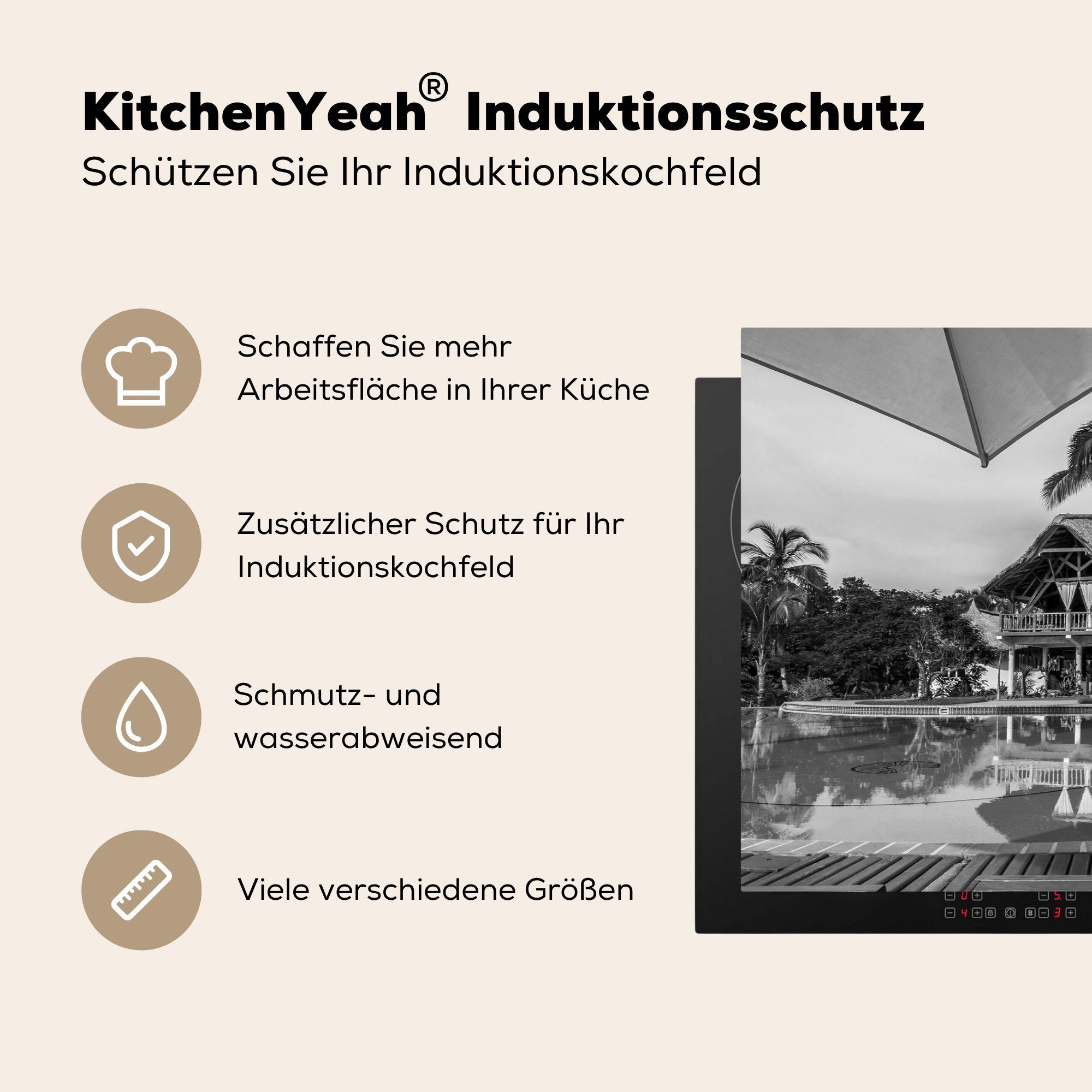 (1 Tropische küche, Ceranfeldabdeckung und die cm, weiß, großem Pool - Vinyl, MuchoWow Induktionskochfeld für mit Villa Herdblende-/Abdeckplatte schwarz 81x52 tlg), Schutz