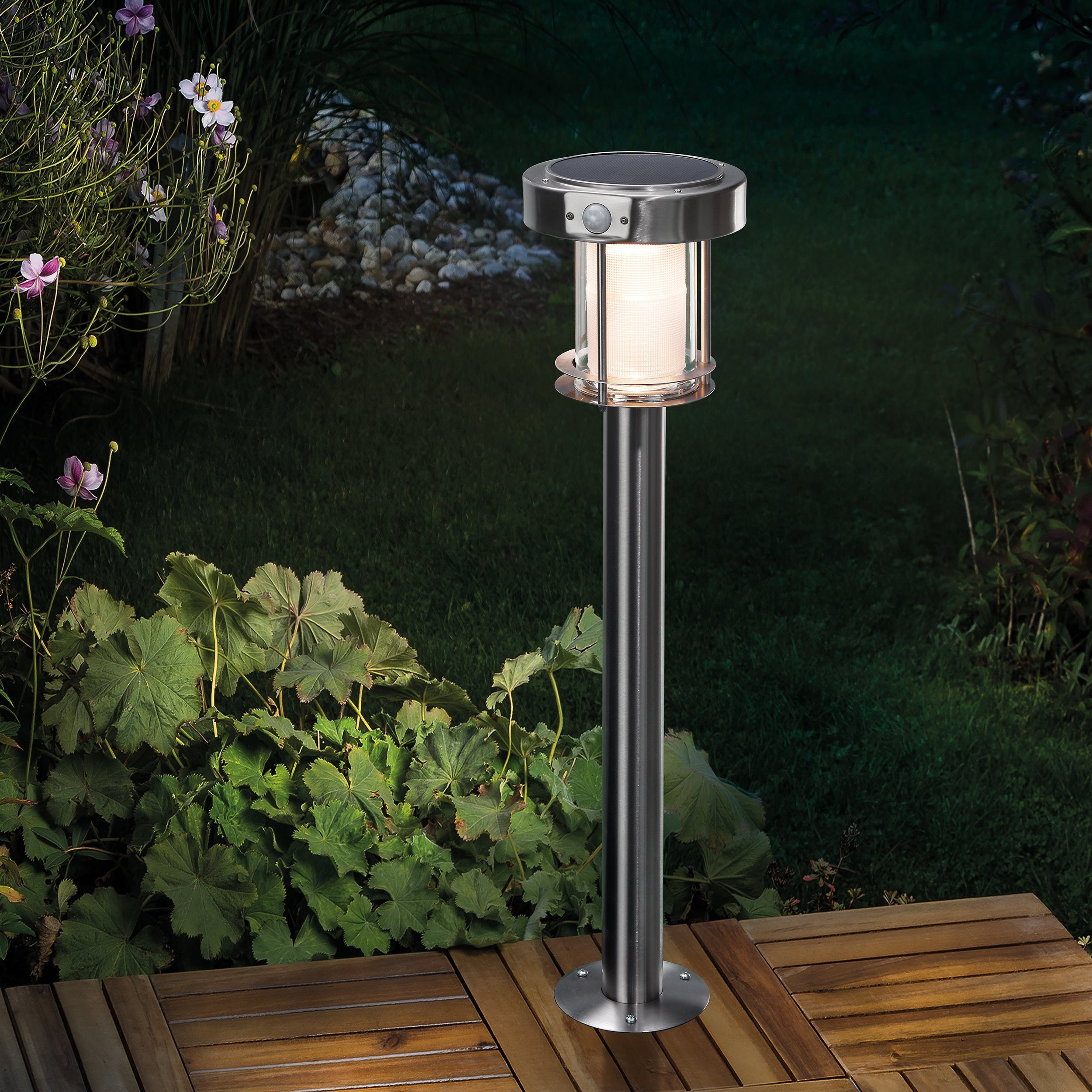 esotec LED Solarleuchte Edlelstahl PIR-Standleuchte ANCONA H71cm DUO COLOR 6500K 2800K 102534, LED fest integriert