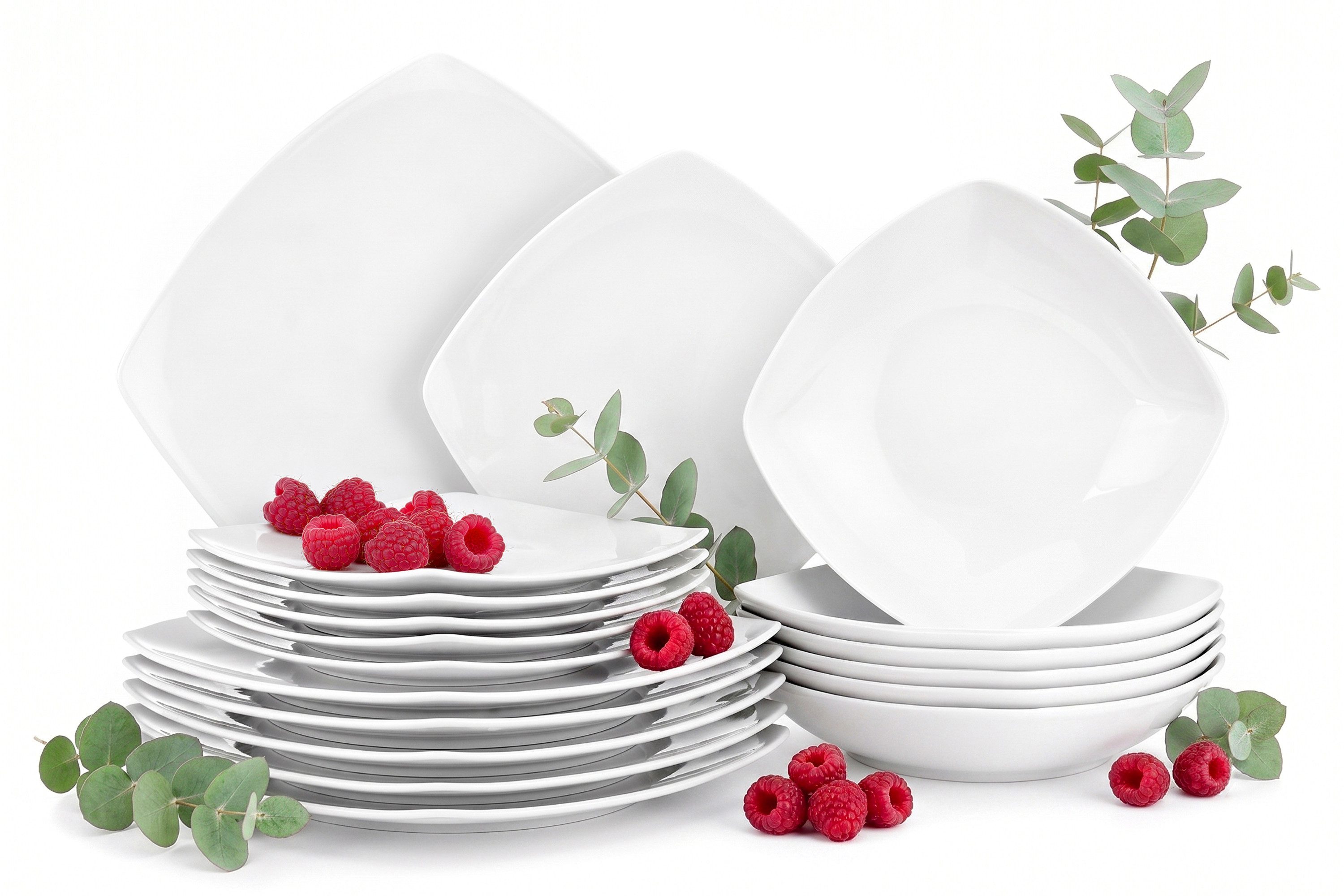 KONSIMO® Tafelservice CARLINA Dessertteller Suppenteller Speiseteller (18-tlg), 6 Personen, Porzellan, Spülmaschinen- und Mikrowellengeeignet, quadratisch