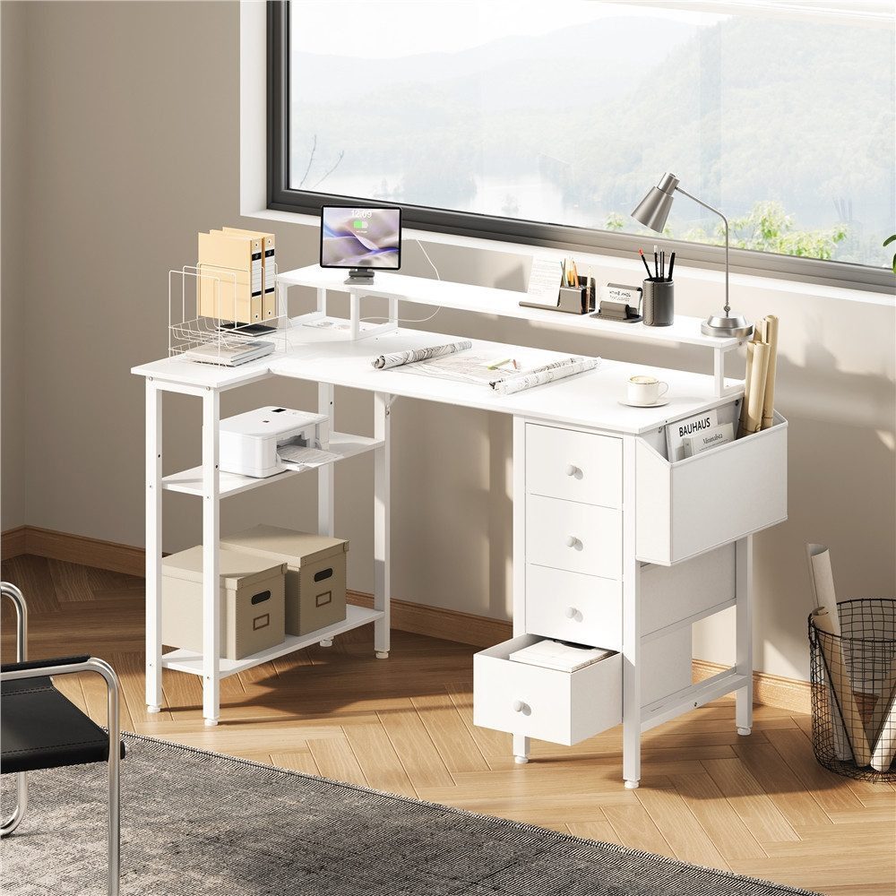 Yaheetech Schreibtisch L-förmiger Computertisch 120/140cm (B), mit Monitorhalterung & Steckdose & 4 Schubladen & Aufbewahrungstasche