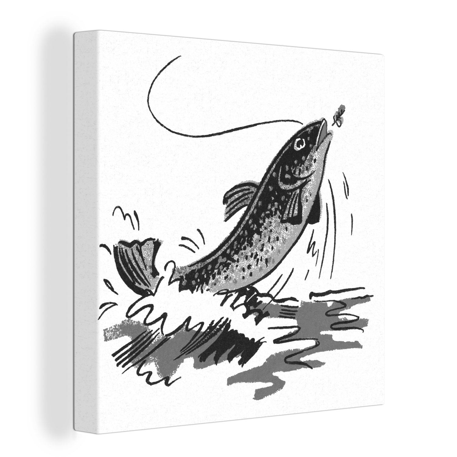 OneMillionCanvasses® Leinwandbild Illustration eines Fisches, der aus dem Wasser kommt - schwarz und, (1 St), Leinwand Bilder für Wohnzimmer Schlafzimmer