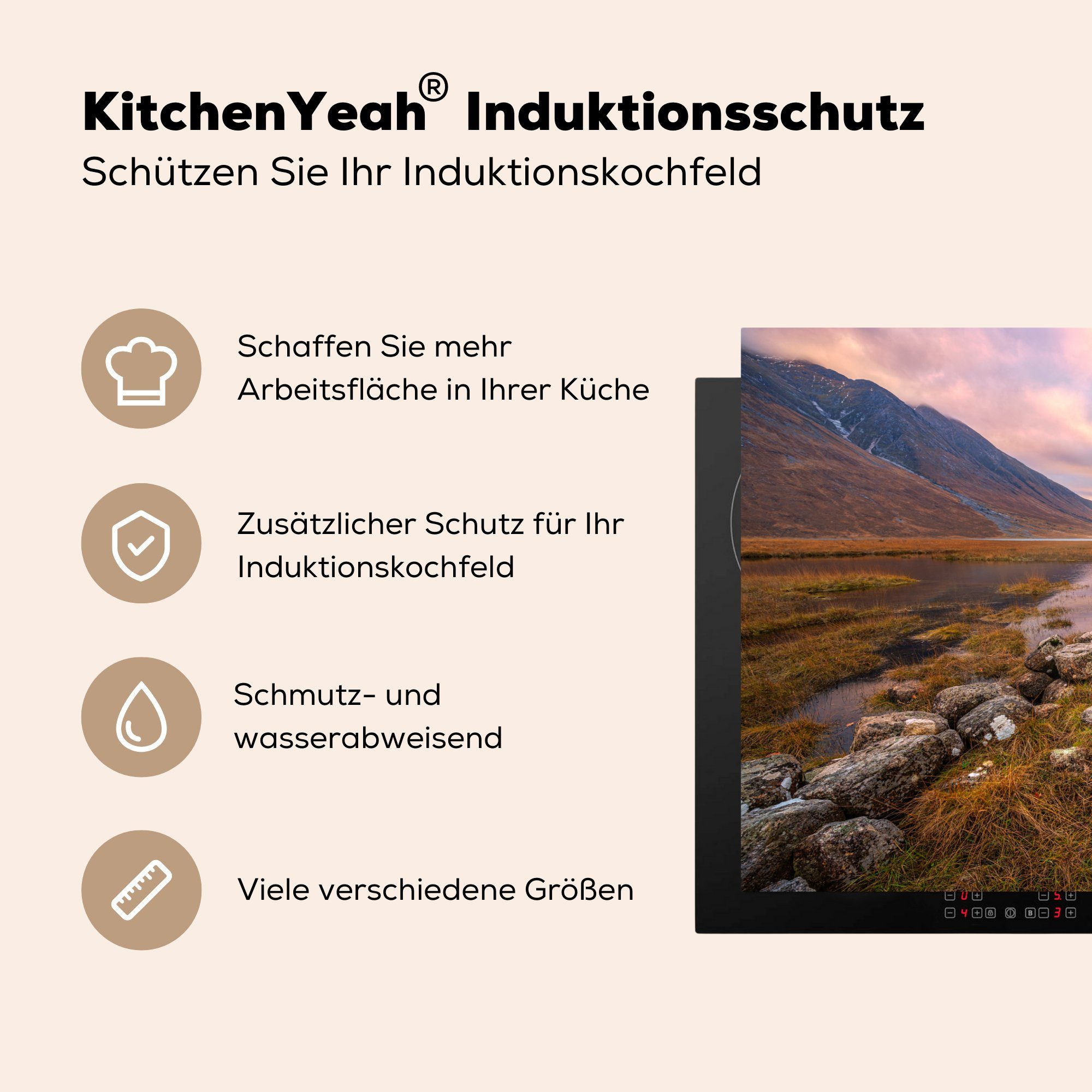 81x52 (1 tlg), cm, bei Ceranfeldabdeckung für MuchoWow Schottische küche, Landschaft die Sonnenuntergang, Herdblende-/Abdeckplatte Schutz Induktionskochfeld Vinyl,