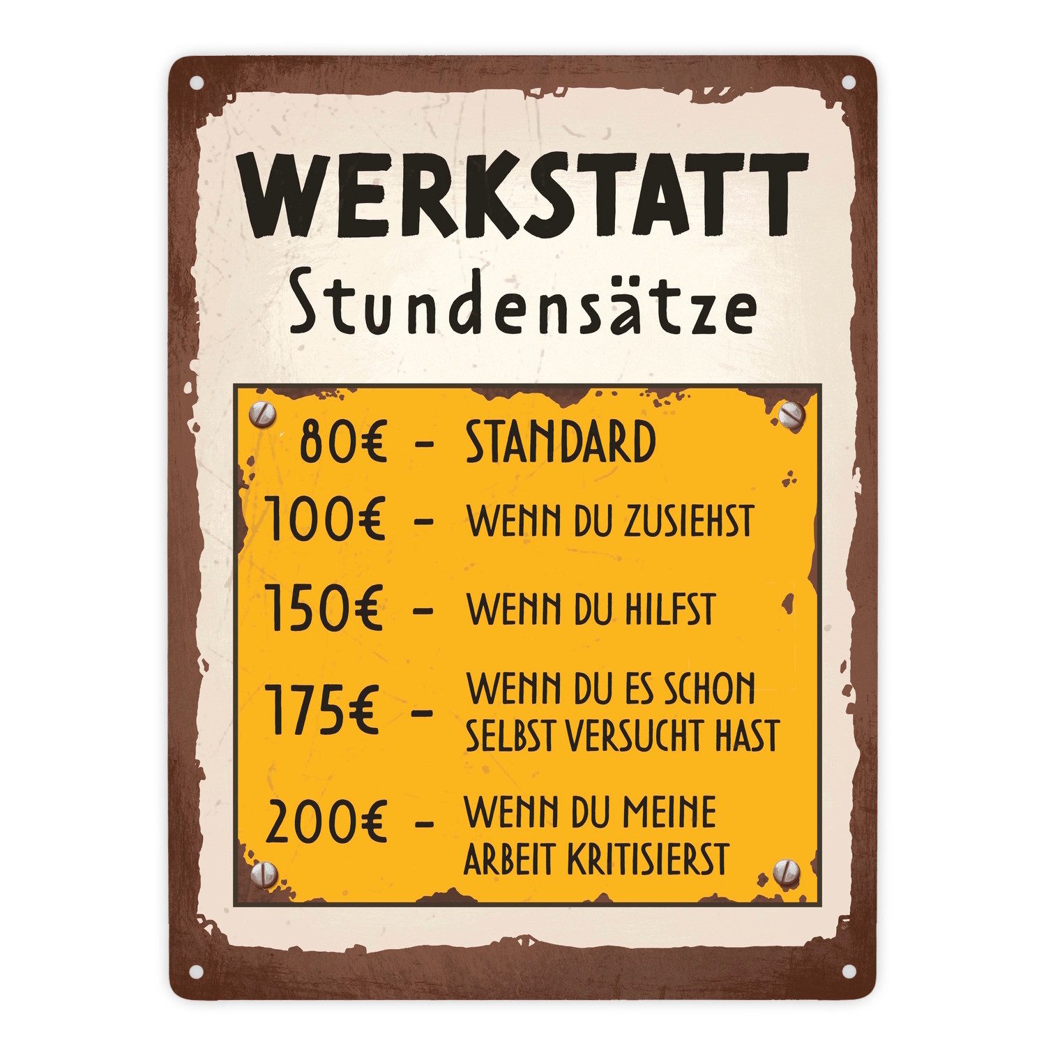 speecheese Metallschild Werkstatt Stundensätze Metallschild XXL in 28x38 cm