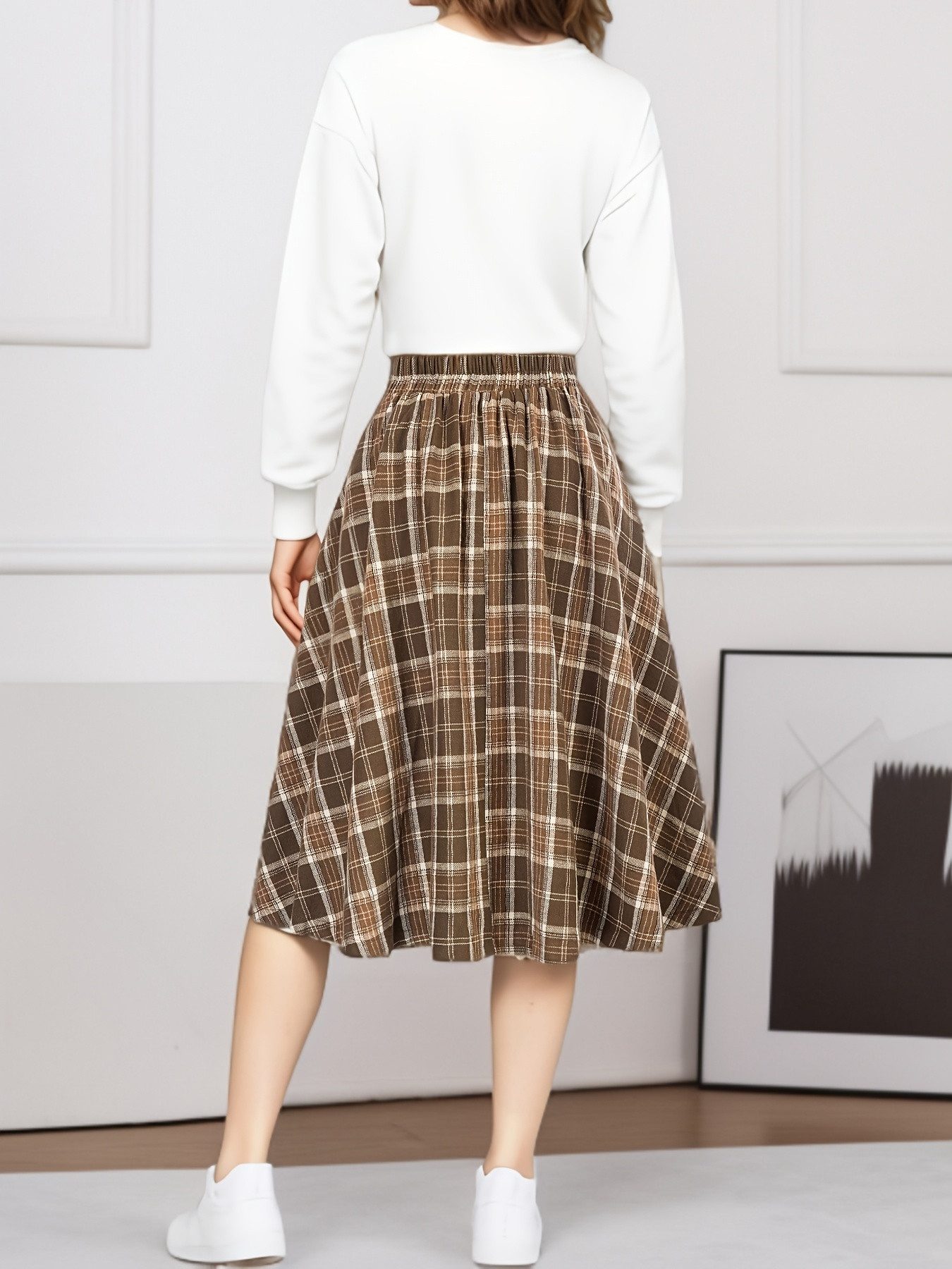DEBAIJIA Midirock Damen Rock Plissierter Karierter Elastischer Bund Vintage Midirock