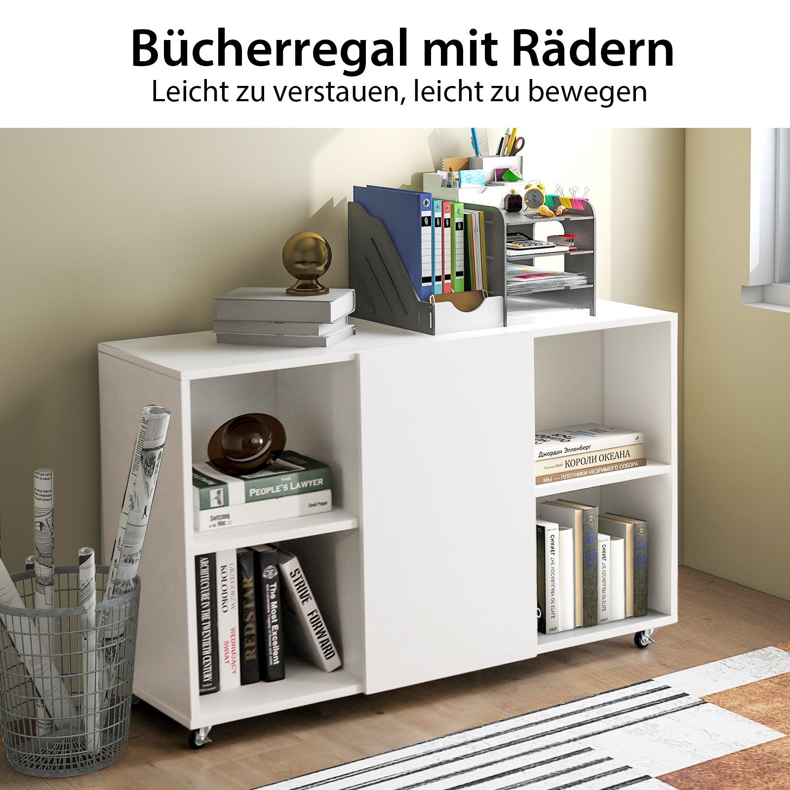 Rollcontainer 6 auf Rollen, COSTWAY Aktenschrank Fächern&Tür mit Weiß 110x140x69cm