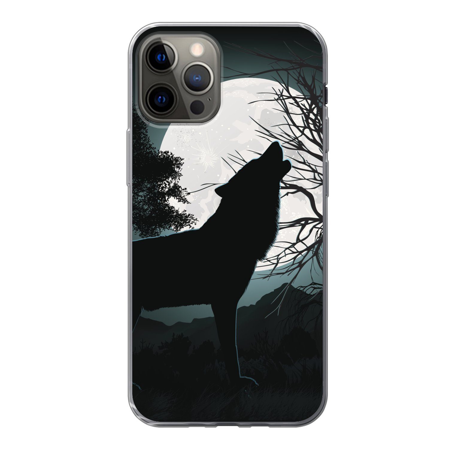 MuchoWow Handyhülle für Apple iPhone 13 Pro Wolf - Scherenschnitt - Mond, Smartphone-Bumper, Print, Handy Schutzhülle Dünn