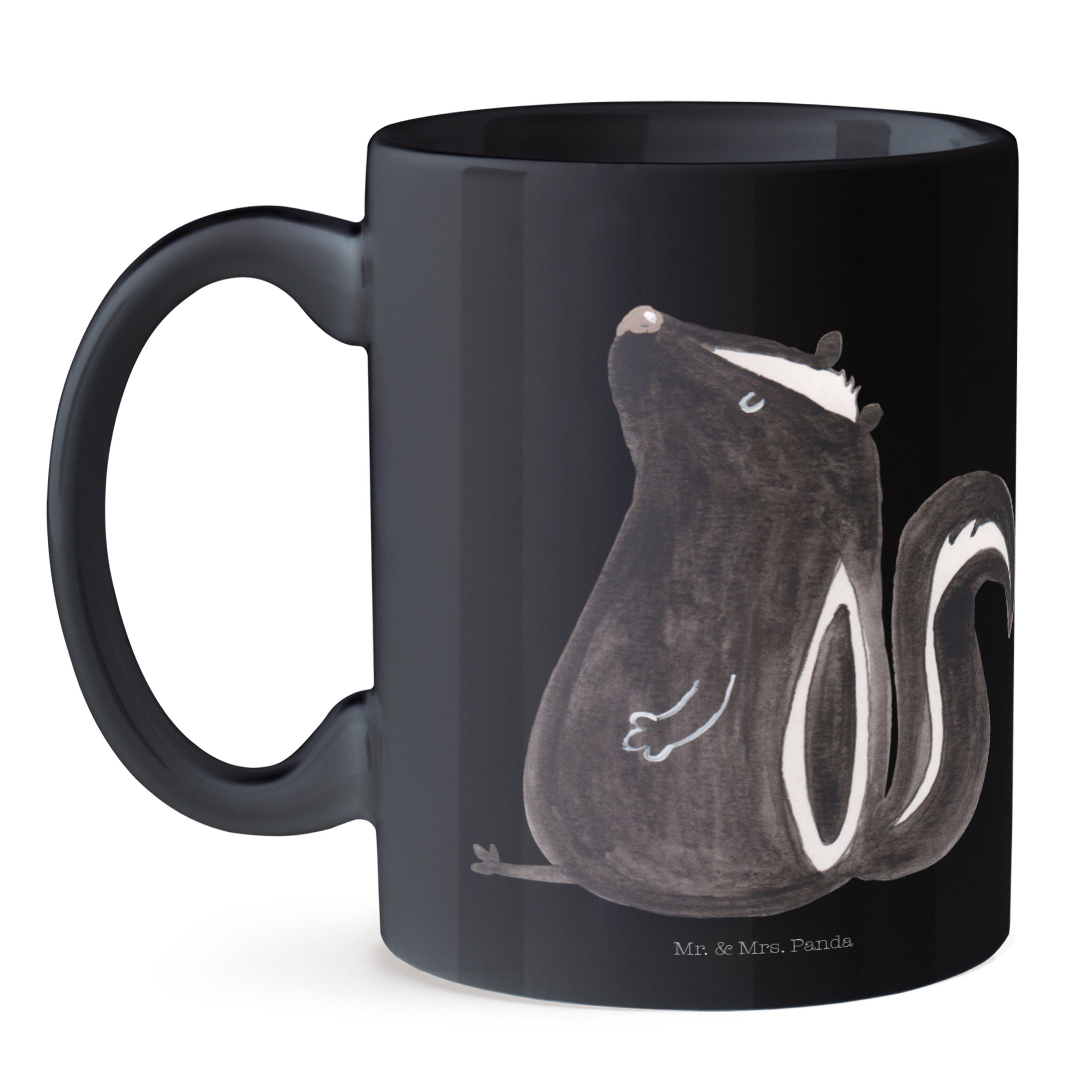 Mr. & Mrs. Panda Schwarz Büro Stinktier Tasse Schwarz Kaffeetasse, Geschenk, Keramik - - Tass, sitzend Skunk